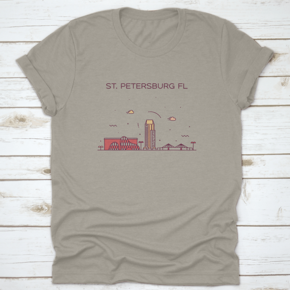 A trendy shirt featuring the skyline of St. Petersburg, Pinellas County, Florida, showcasing a stylish design on a comfortable cotton fabric.