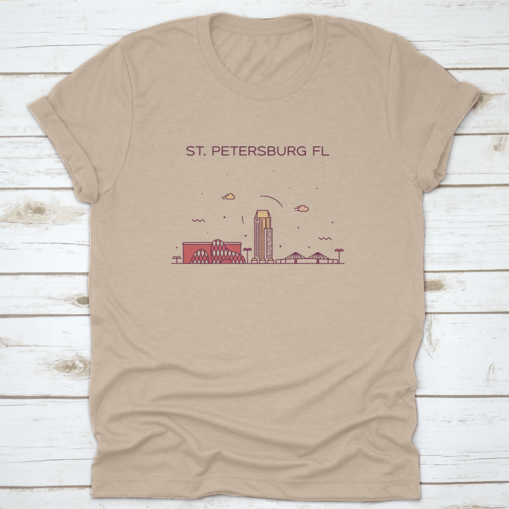 A trendy shirt featuring the skyline of St. Petersburg, Pinellas County, Florida, showcasing a stylish design on a comfortable cotton fabric.