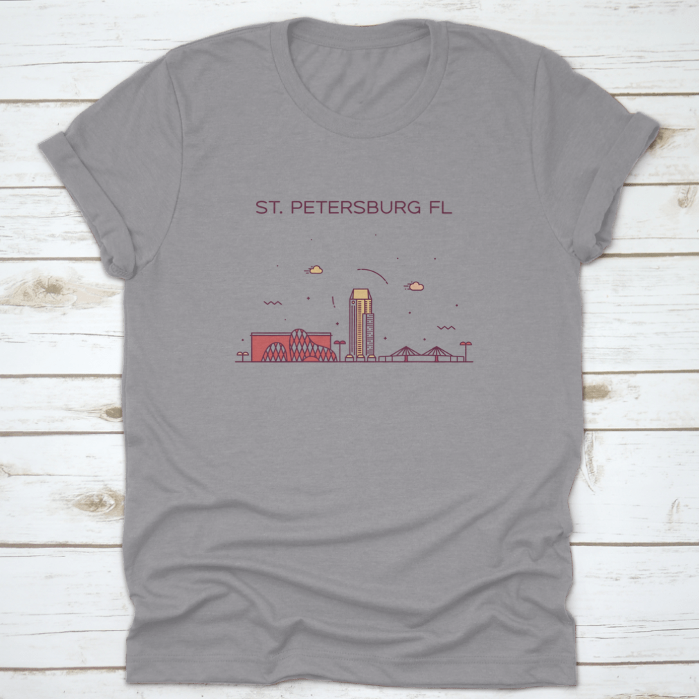 A trendy shirt featuring the skyline of St. Petersburg, Pinellas County, Florida, showcasing a stylish design on a comfortable cotton fabric.