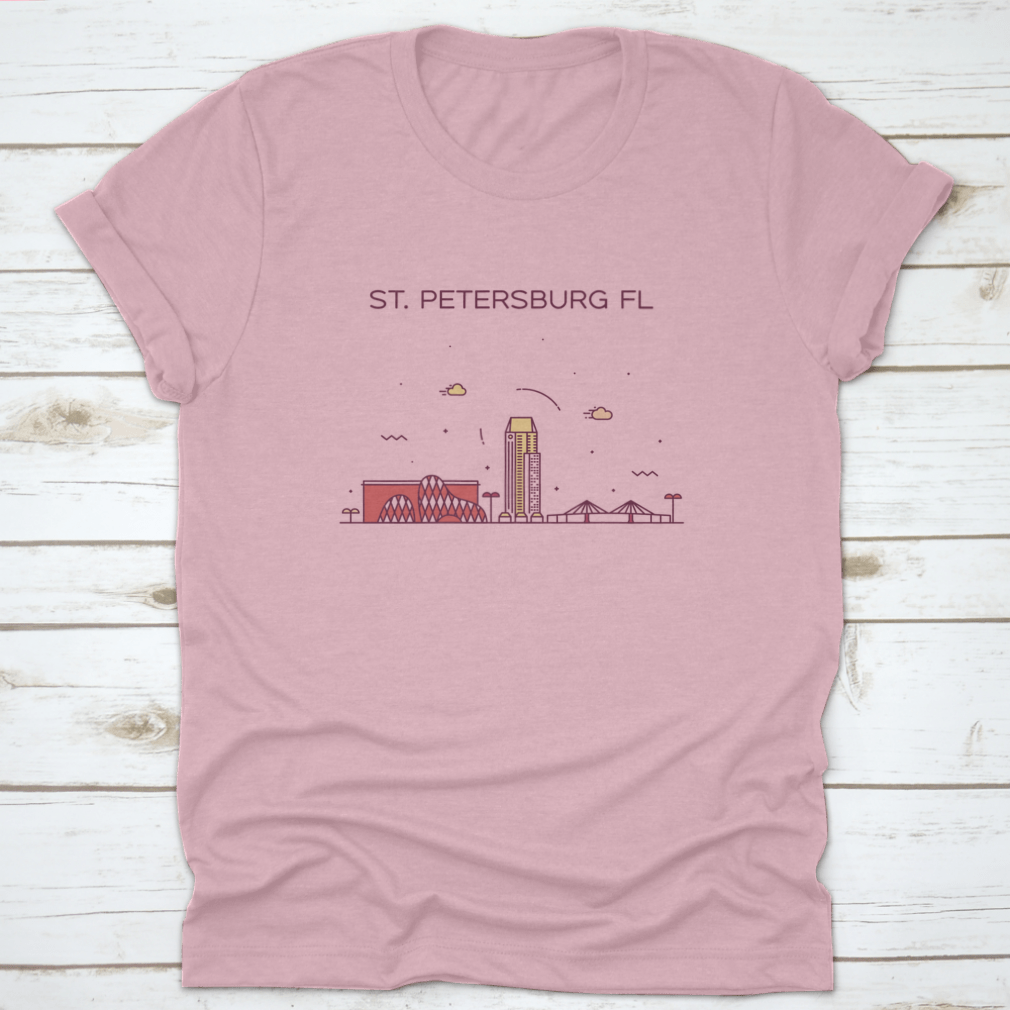 A trendy shirt featuring the skyline of St. Petersburg, Pinellas County, Florida, showcasing a stylish design on a comfortable cotton fabric.