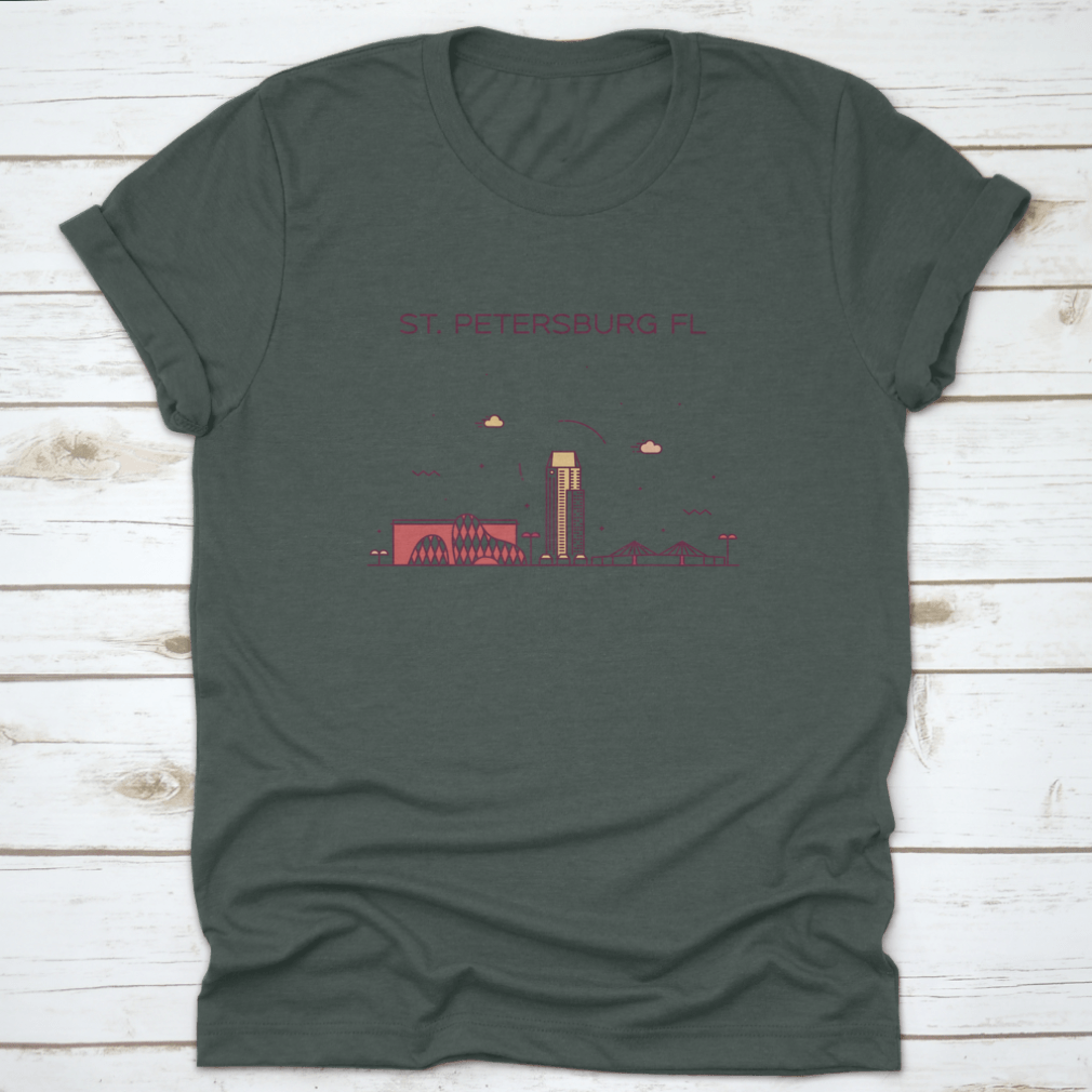A trendy shirt featuring the skyline of St. Petersburg, Pinellas County, Florida, showcasing a stylish design on a comfortable cotton fabric.