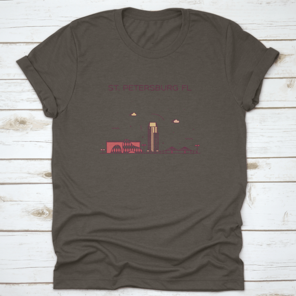 A trendy shirt featuring the skyline of St. Petersburg, Pinellas County, Florida, showcasing a stylish design on a comfortable cotton fabric.