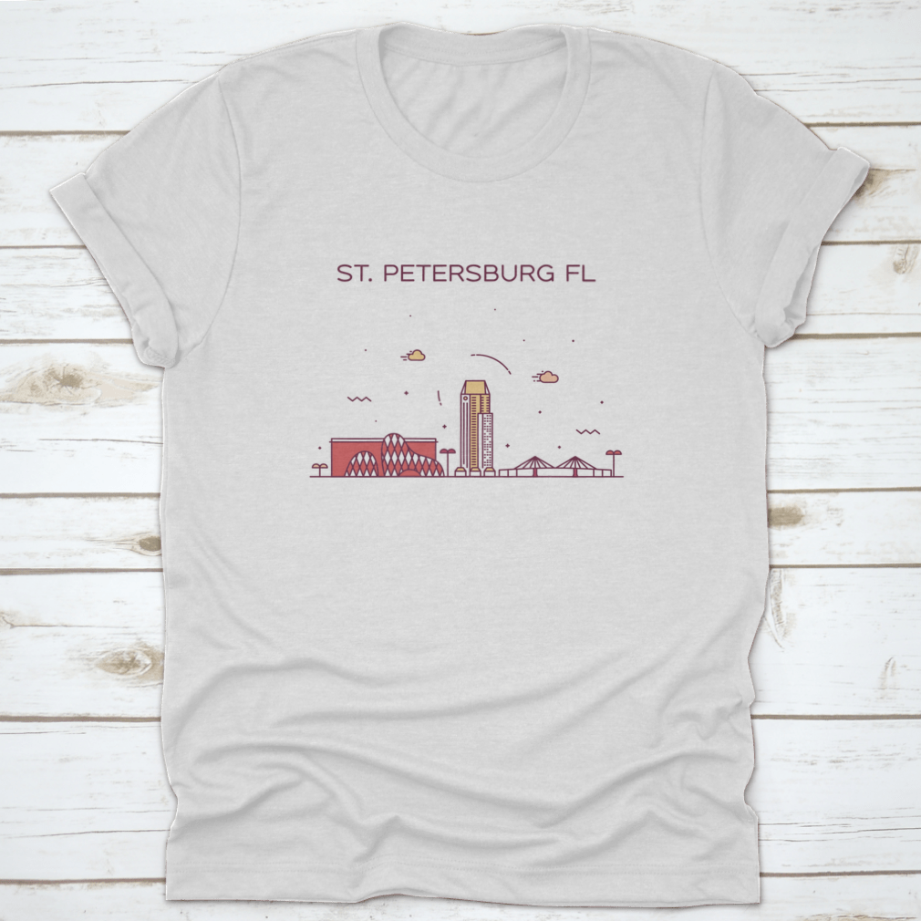 A trendy shirt featuring the skyline of St. Petersburg, Pinellas County, Florida, showcasing a stylish design on a comfortable cotton fabric.