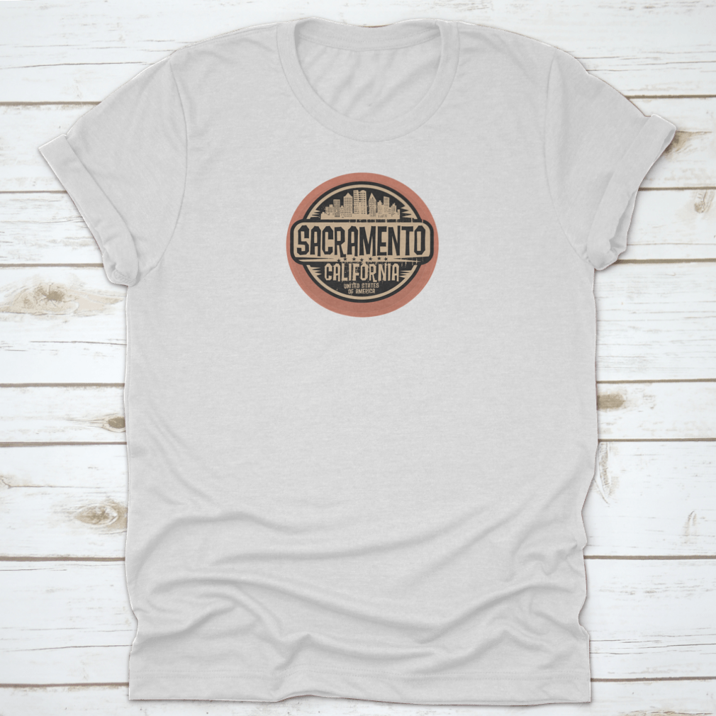 A stylish stamp or label featuring the name Sacramento, California, designed for personalization and crafted from high-quality cotton.
