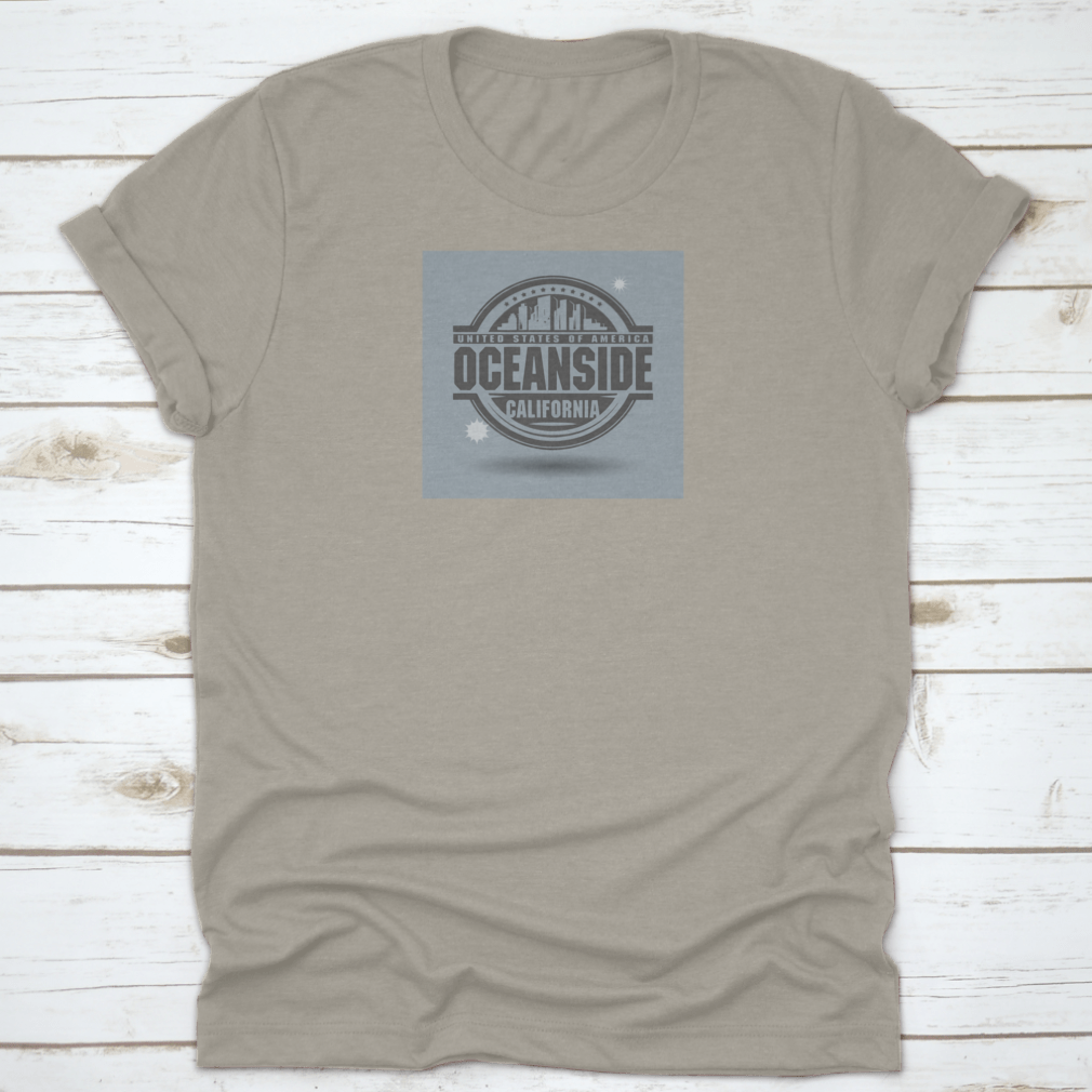 A stylish stamp or label featuring 'Oceanside, California' text, made from high-quality cotton fabric.