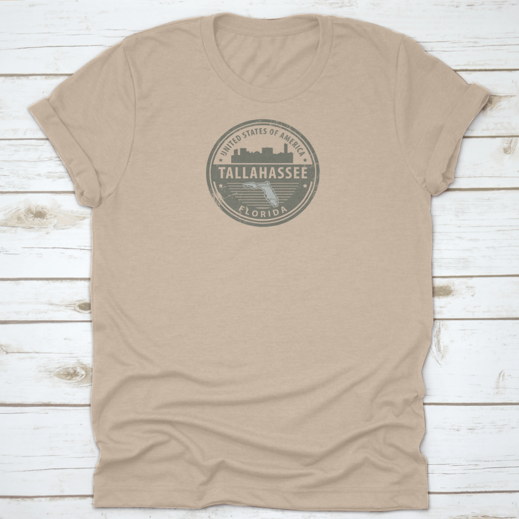 A stylish T-shirt featuring a vector print design of Tallahassee, Florida, made from 100% cotton with a classic fit.