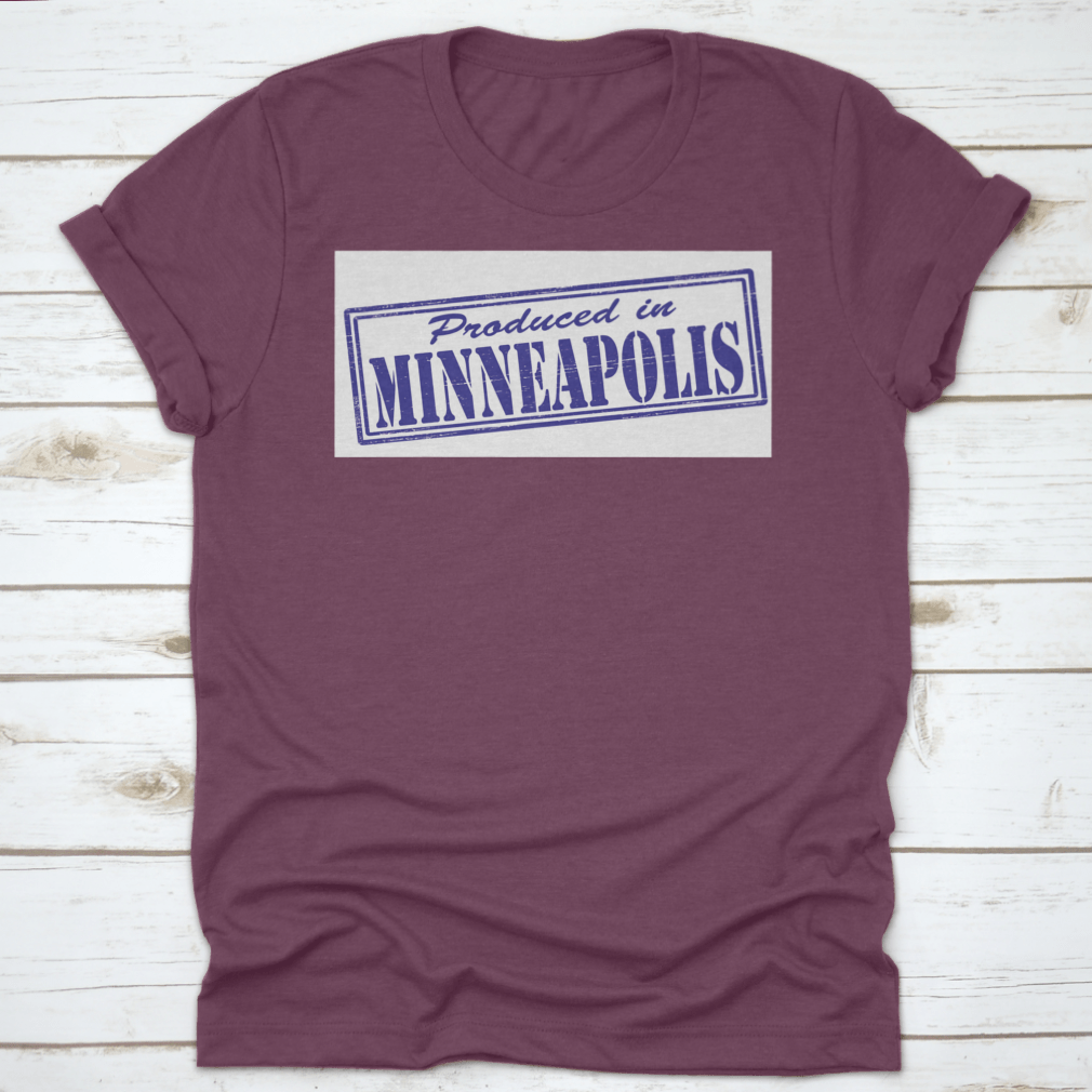 A stylish t-shirt featuring a Minneapolis stamp design, made from 100% cotton, showcasing a classic fit and midweight fabric.