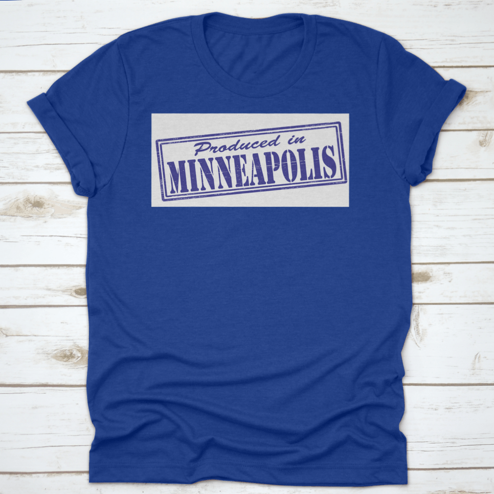A stylish t-shirt featuring a Minneapolis stamp design, made from 100% cotton, showcasing a classic fit and midweight fabric.