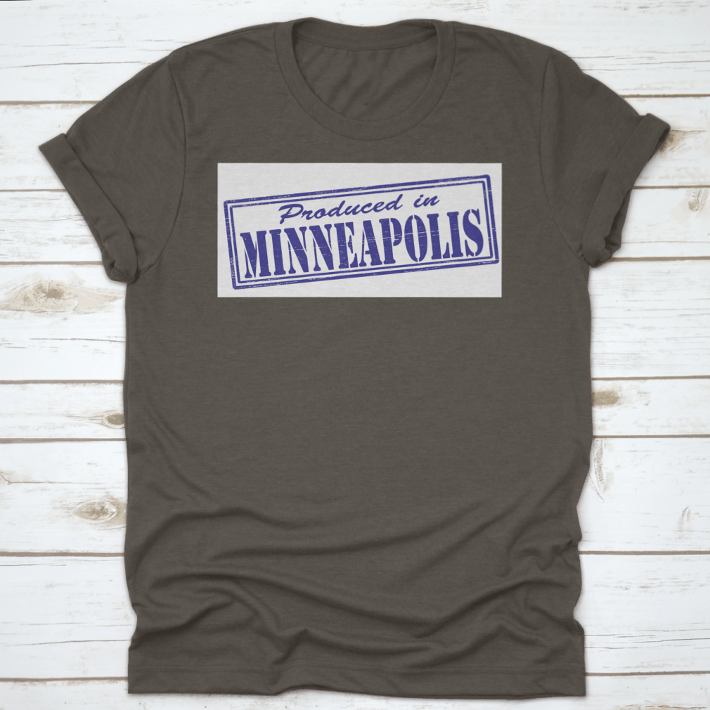 A stylish t-shirt featuring a Minneapolis stamp design, made from 100% cotton, showcasing a classic fit and midweight fabric.