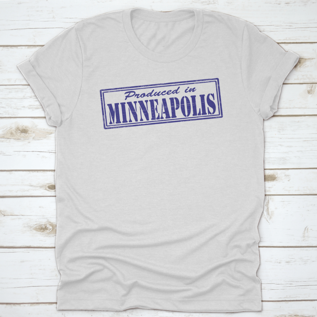 A stylish t-shirt featuring a Minneapolis stamp design, made from 100% cotton, showcasing a classic fit and midweight fabric.