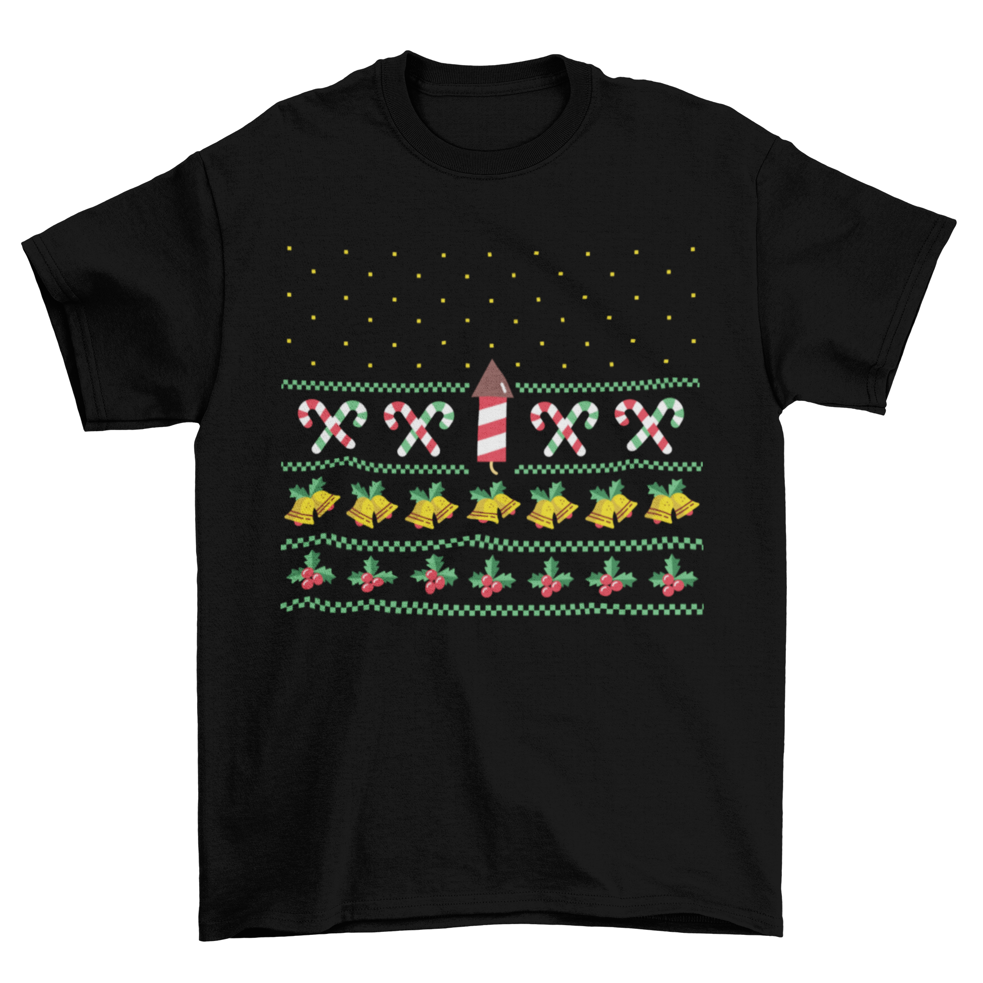 Star Space Ship Ugly Sweater featuring firework rockets, candy canes, bells, and mistletoes in vibrant colors.