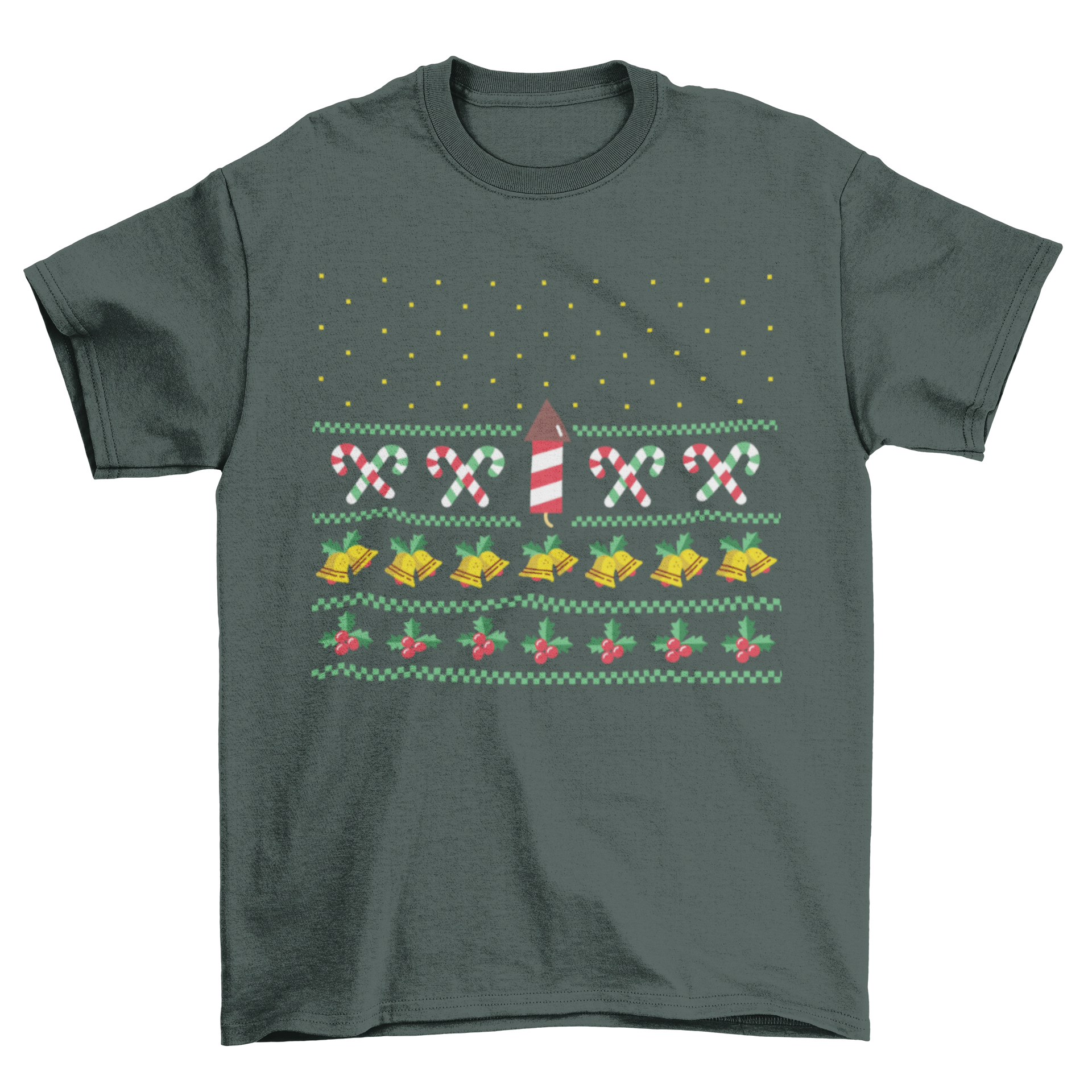 Star Space Ship Ugly Sweater featuring firework rockets, candy canes, bells, and mistletoes in vibrant colors.
