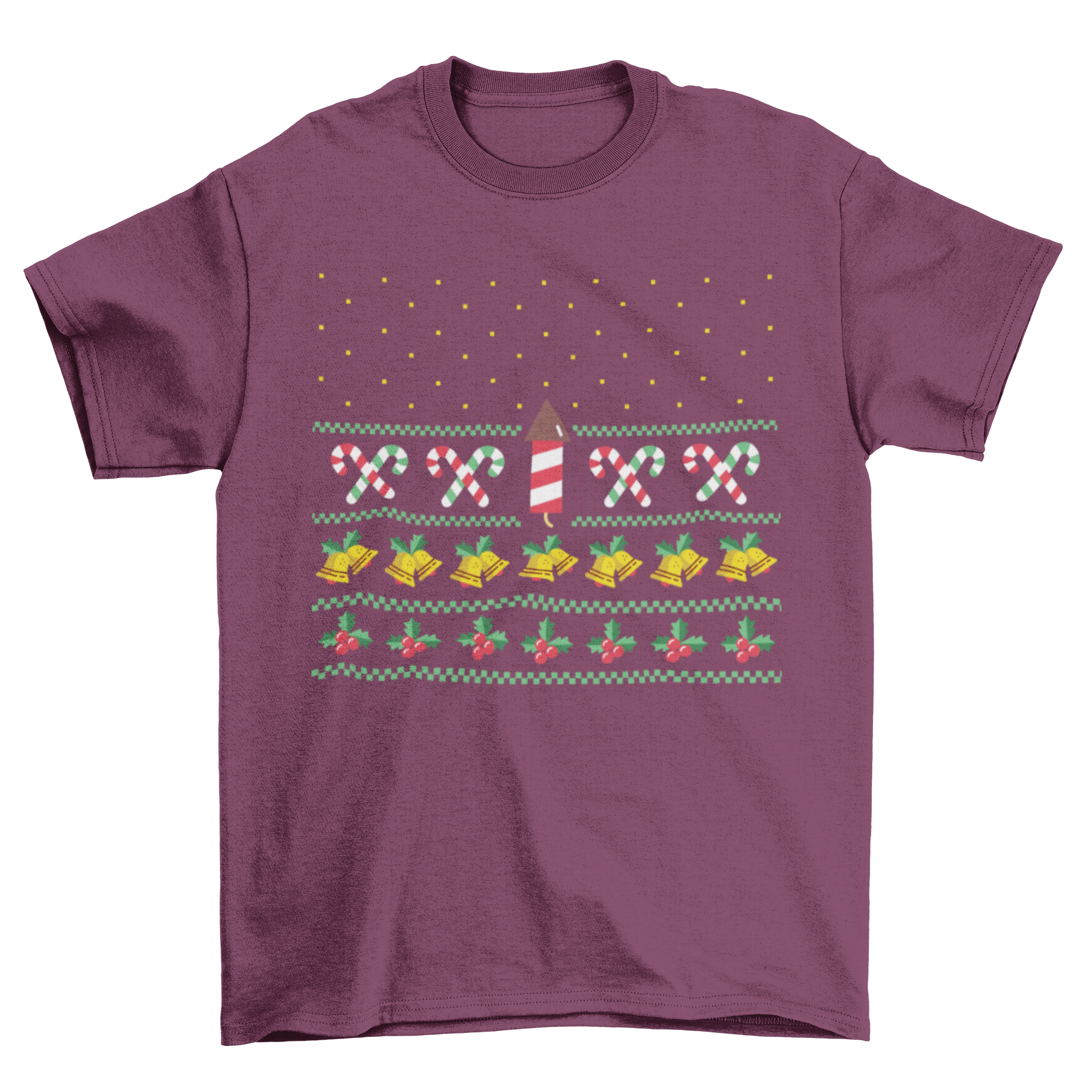 Star Space Ship Ugly Sweater featuring firework rockets, candy canes, bells, and mistletoes in vibrant colors.