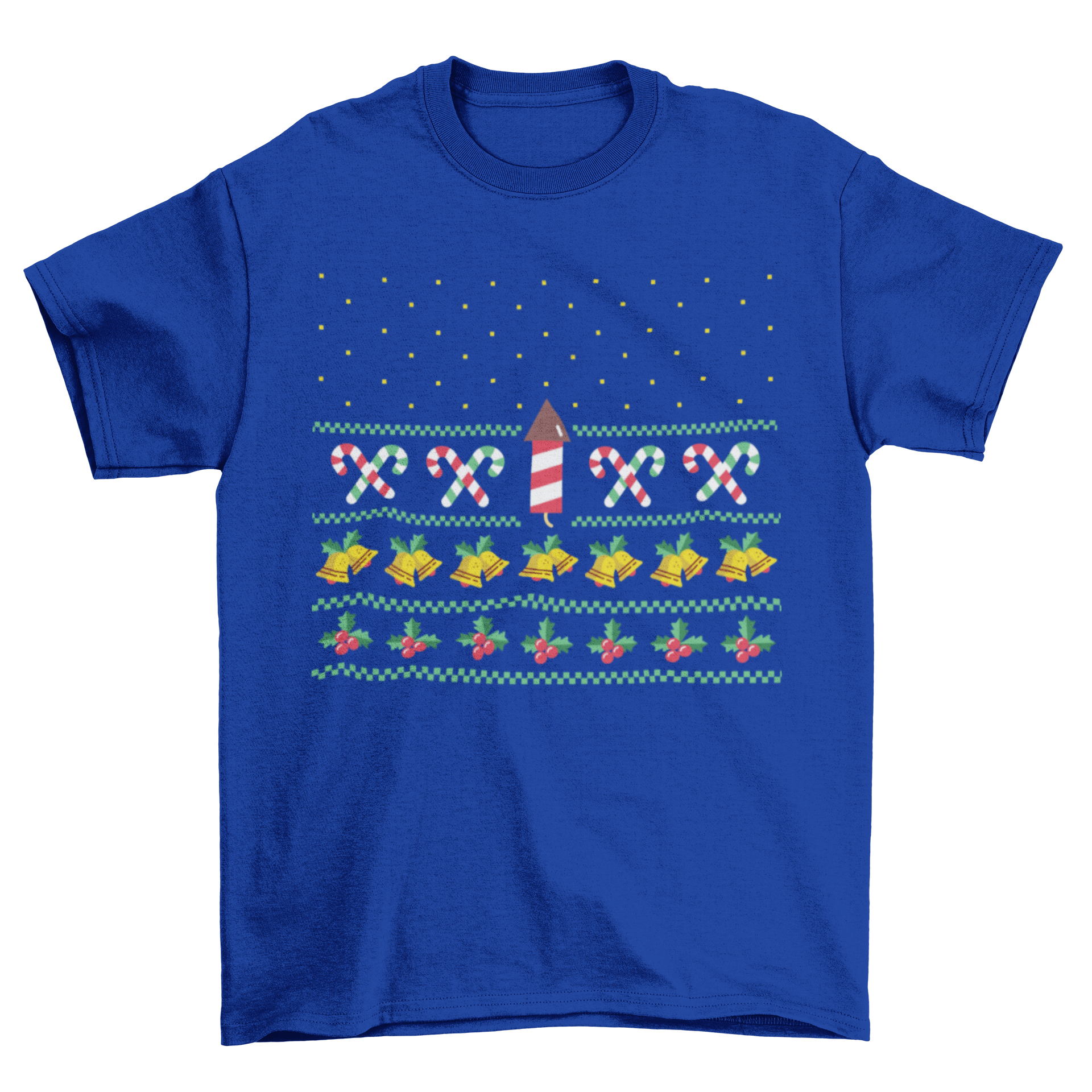 Star Space Ship Ugly Sweater featuring firework rockets, candy canes, bells, and mistletoes in vibrant colors.