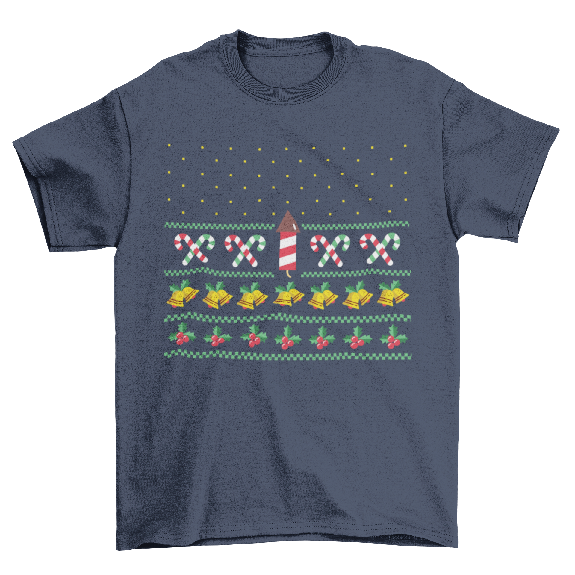 Star Space Ship Ugly Sweater featuring firework rockets, candy canes, bells, and mistletoes in vibrant colors.