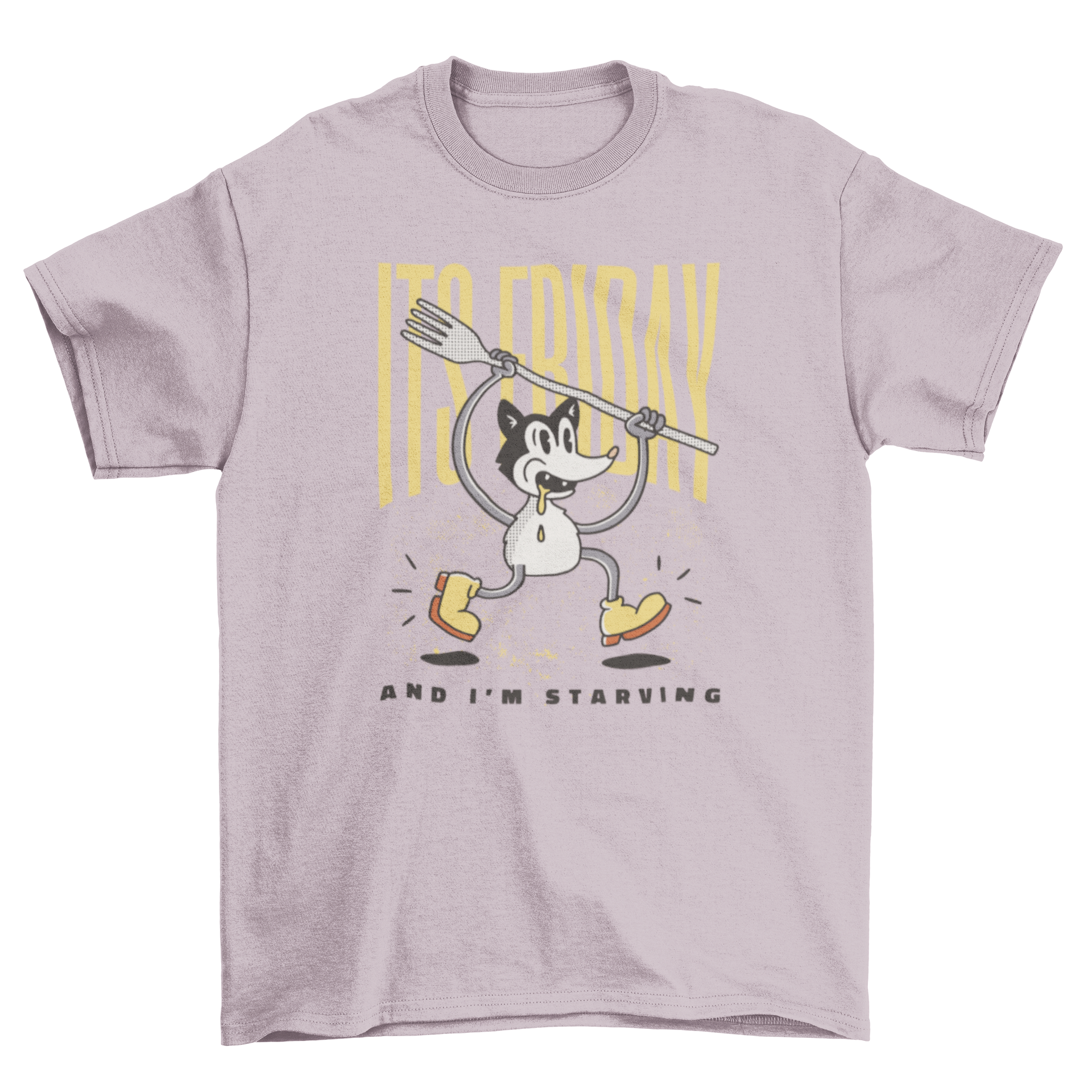 Starving Fork Retro Cartoon T-Shirt featuring a cartoon mouse holding a fork with a quote about being hungry on a vibrant background.