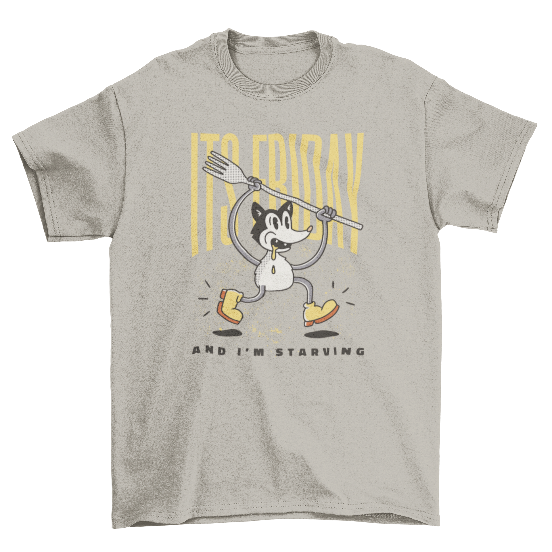 Starving Fork Retro Cartoon T-Shirt featuring a cartoon mouse holding a fork with a quote about being hungry on a vibrant background.