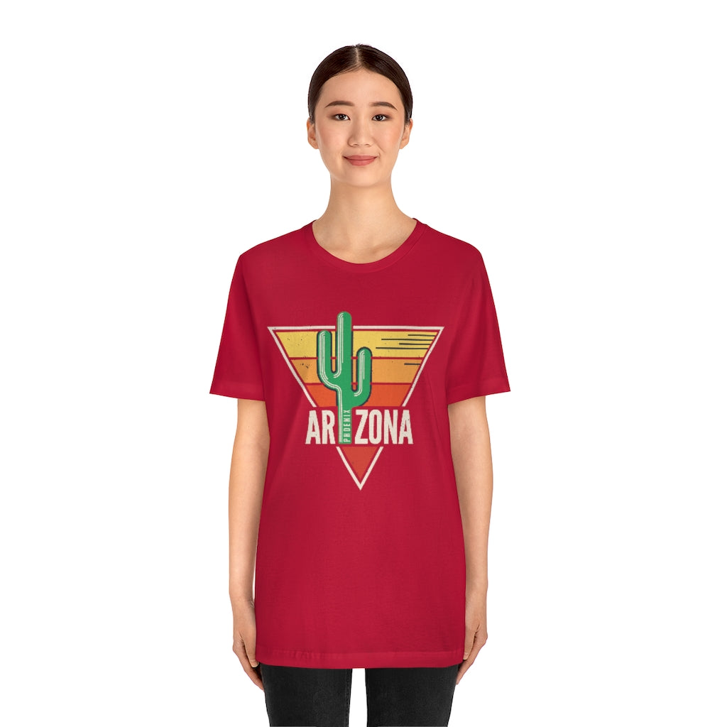 A soft cotton unisex t-shirt featuring a vibrant cactus design, celebrating Arizona's landscapes.