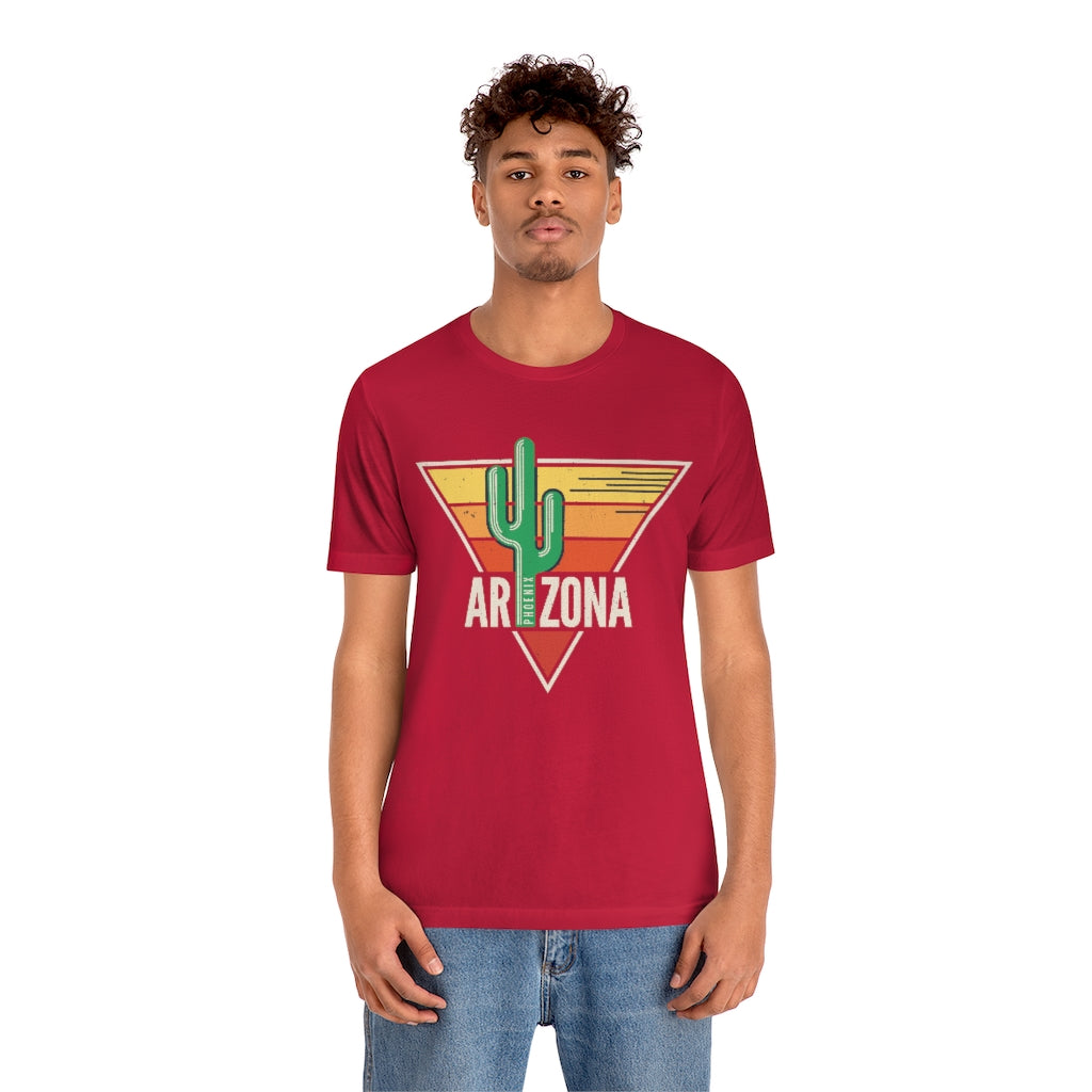 A soft cotton unisex t-shirt featuring a vibrant cactus design, celebrating Arizona's landscapes.