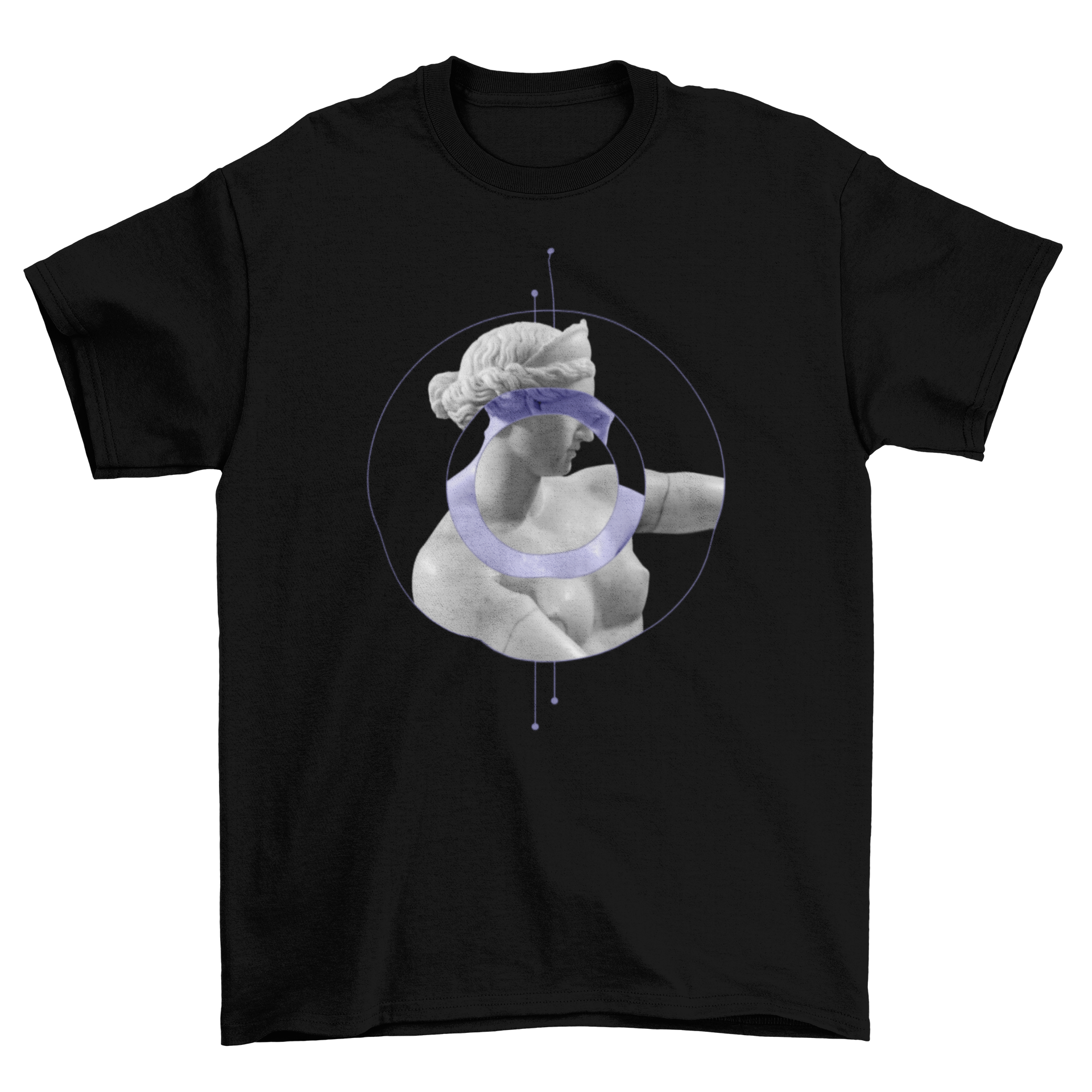 A stylish t-shirt featuring a unique statue design arranged within three editable circles, showcasing creativity and individuality.