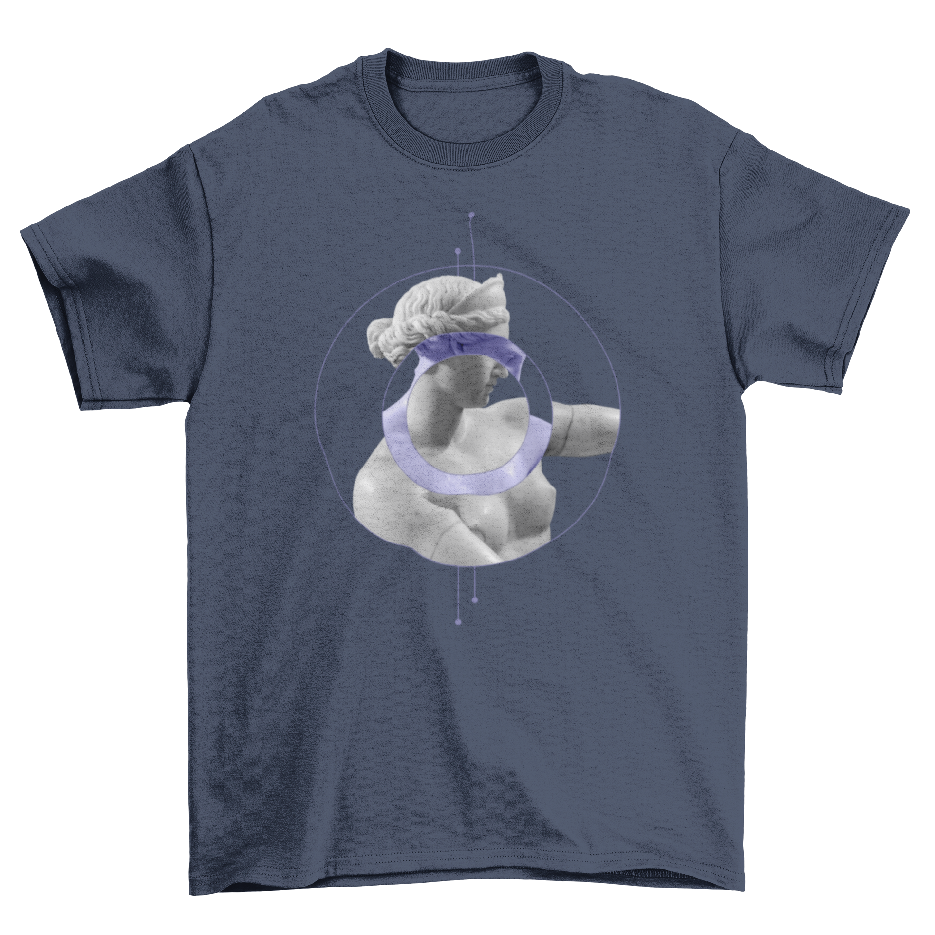 A stylish t-shirt featuring a unique statue design arranged within three editable circles, showcasing creativity and individuality.