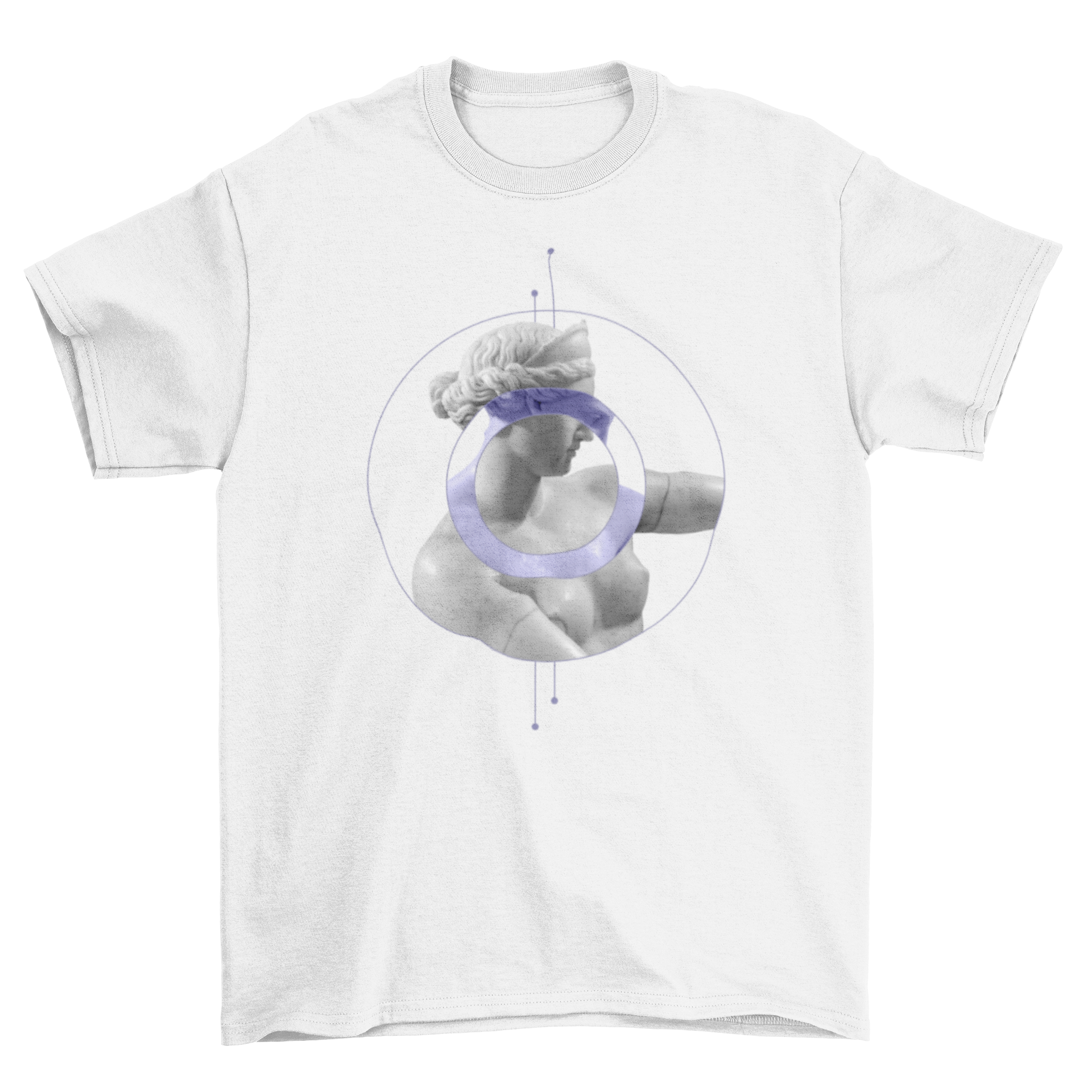 A stylish t-shirt featuring a unique statue design arranged within three editable circles, showcasing creativity and individuality.