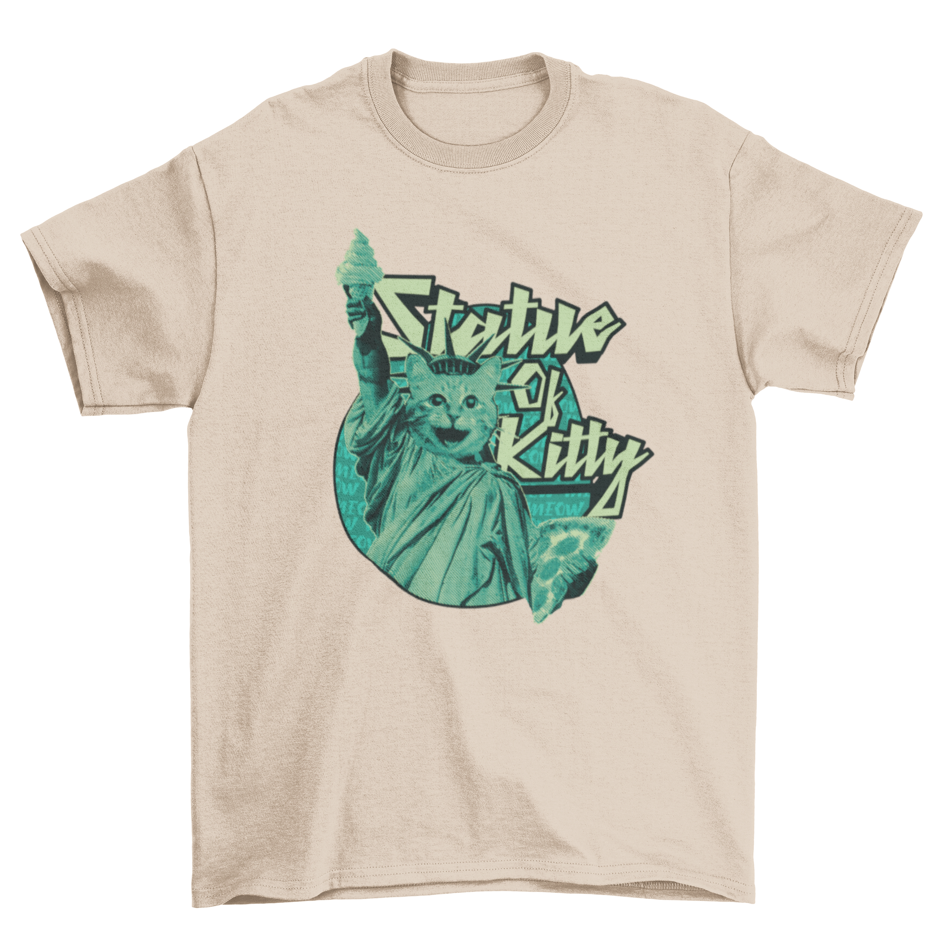A stylish t-shirt featuring a whimsical illustration of a cat designed as the Statue of Liberty, perfect for cat lovers.