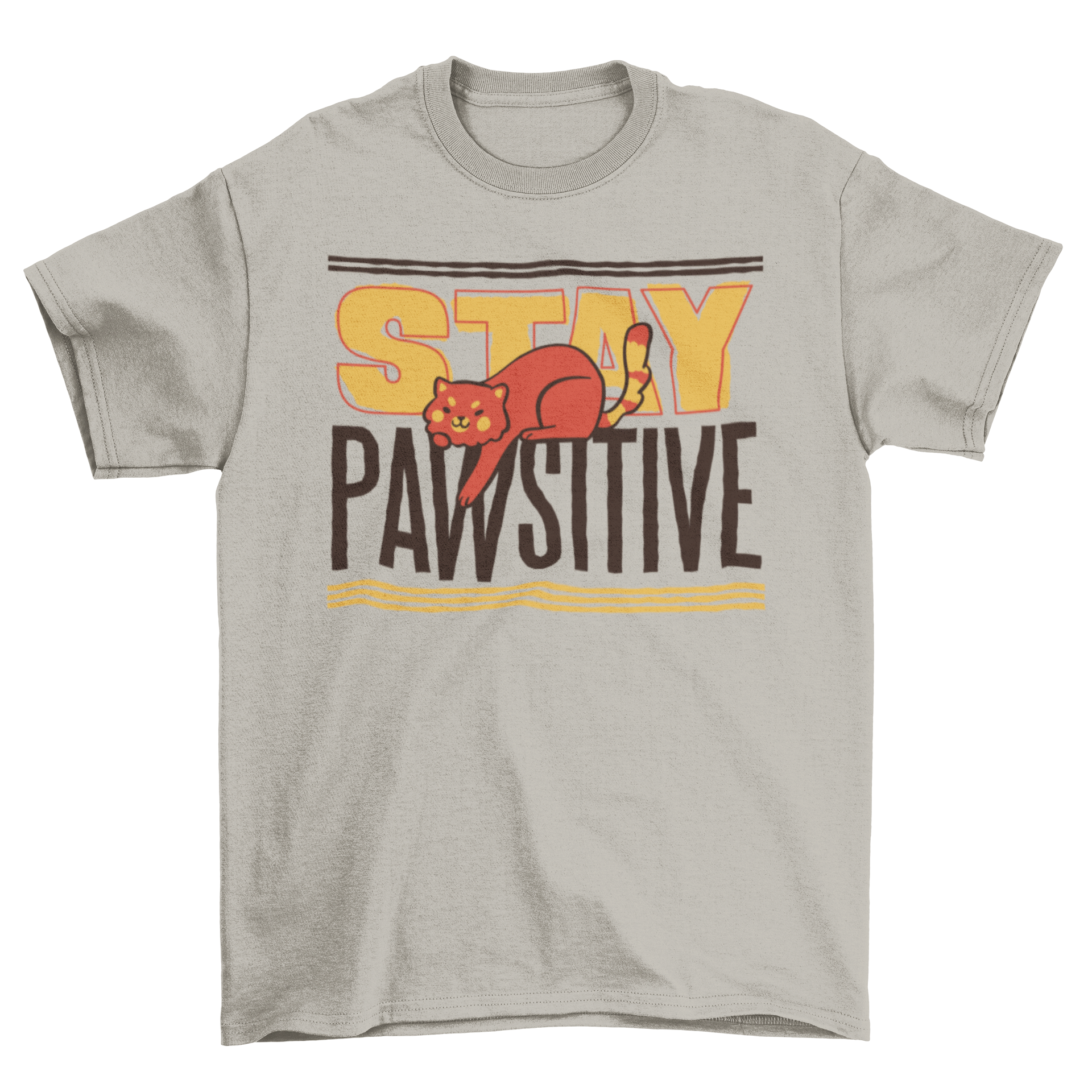Stay Pawsitive Cat T-shirt featuring a cute cat graphic and motivational quote.