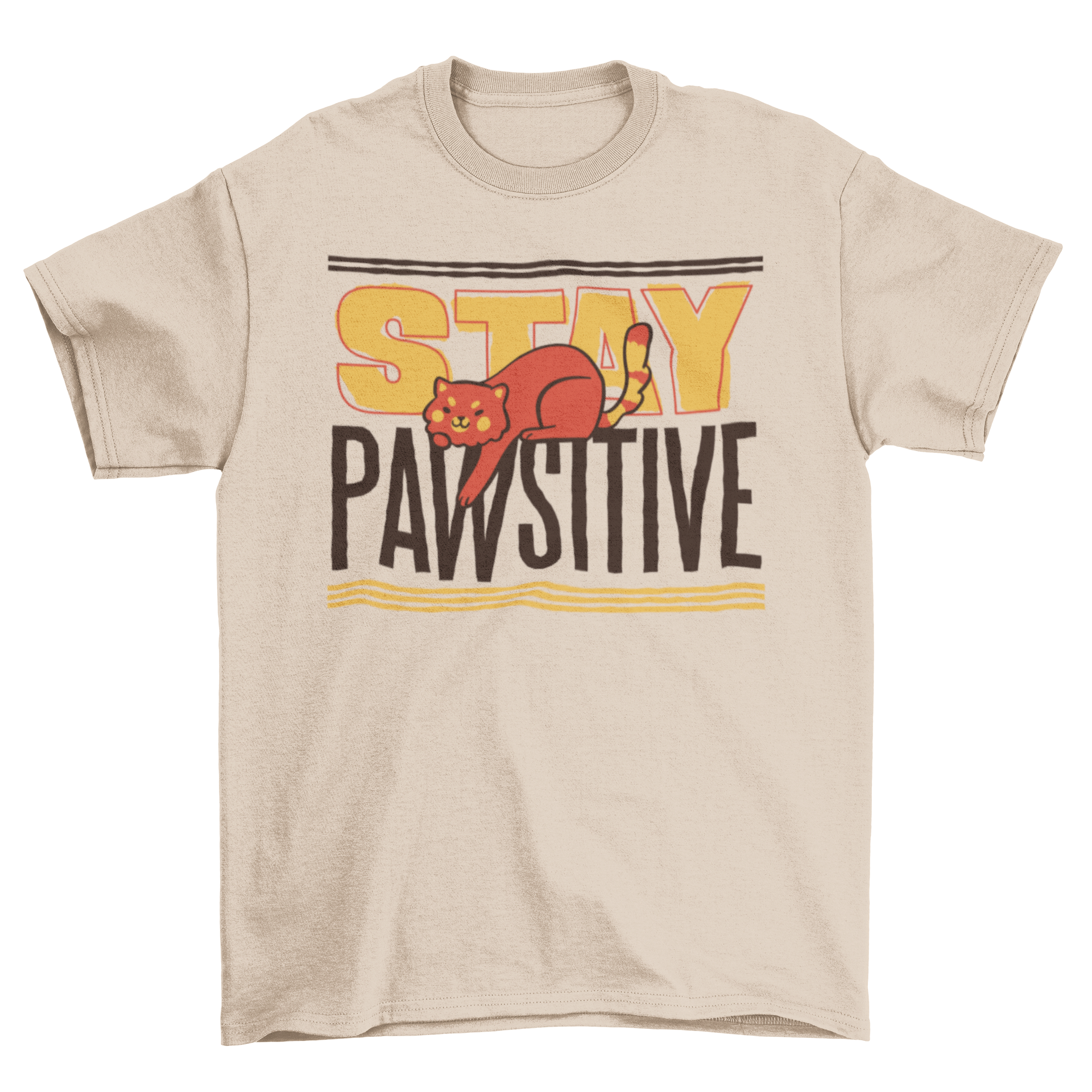 Stay Pawsitive Cat T-shirt featuring a cute cat graphic and motivational quote.