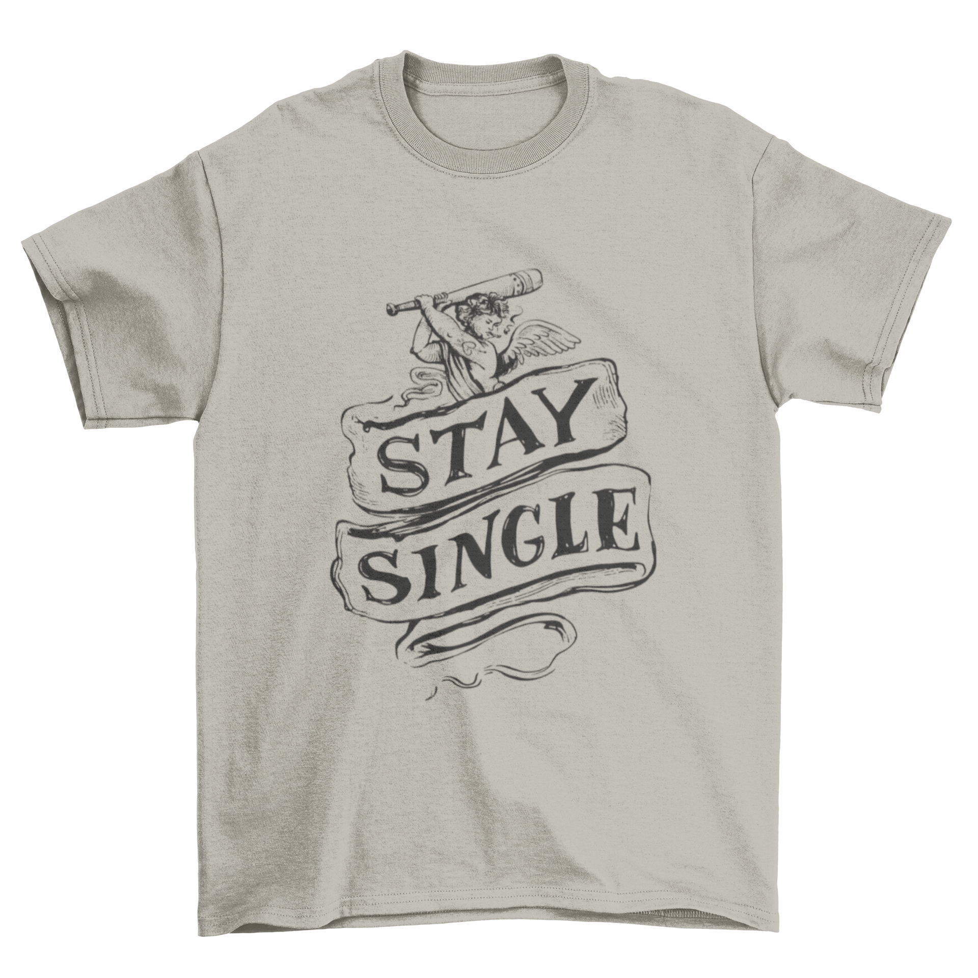Stay Single Cupid T-shirt featuring a playful cupid playing baseball with the quote 'Stay Single'.