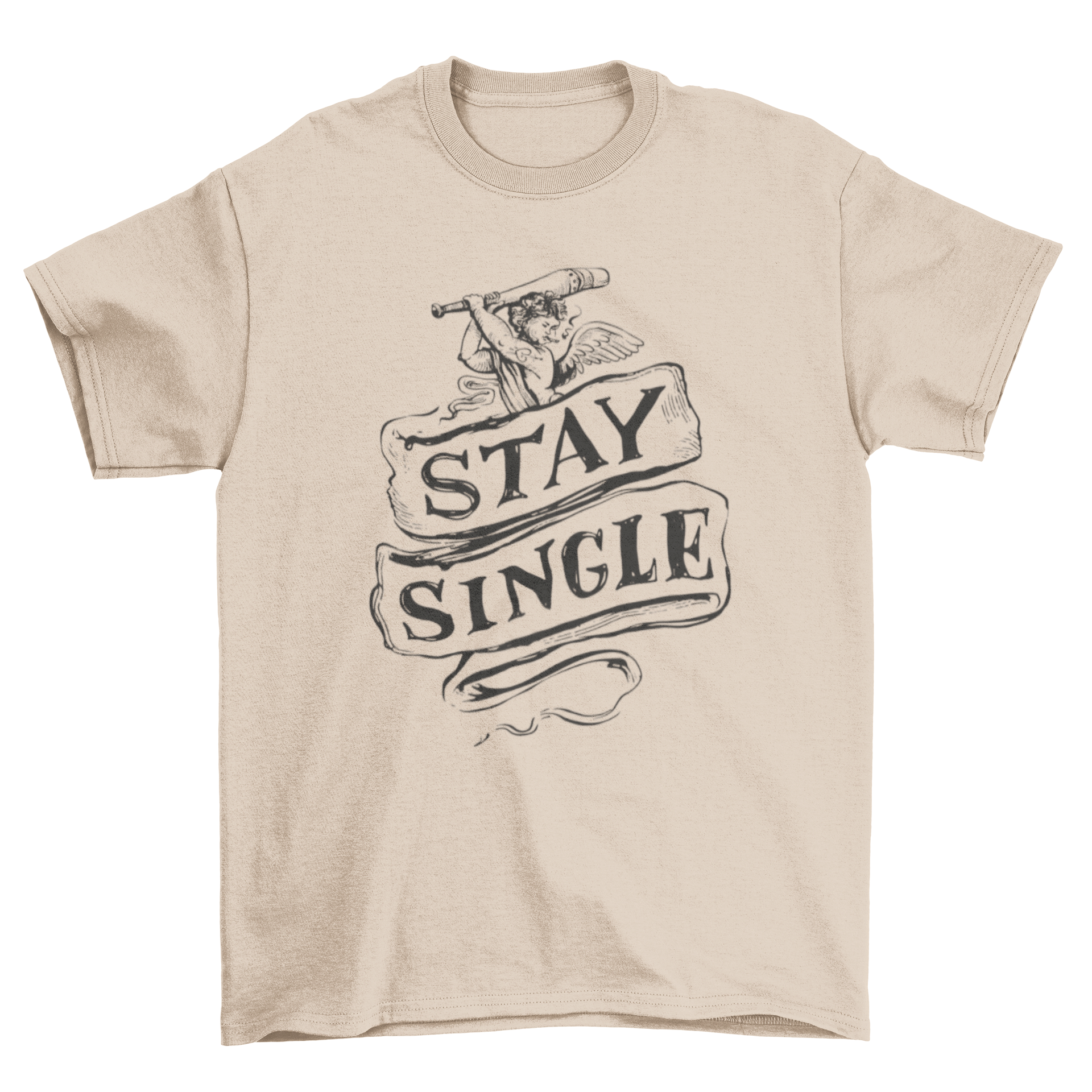 Stay Single Cupid T-shirt featuring a playful cupid playing baseball with the quote 'Stay Single'.