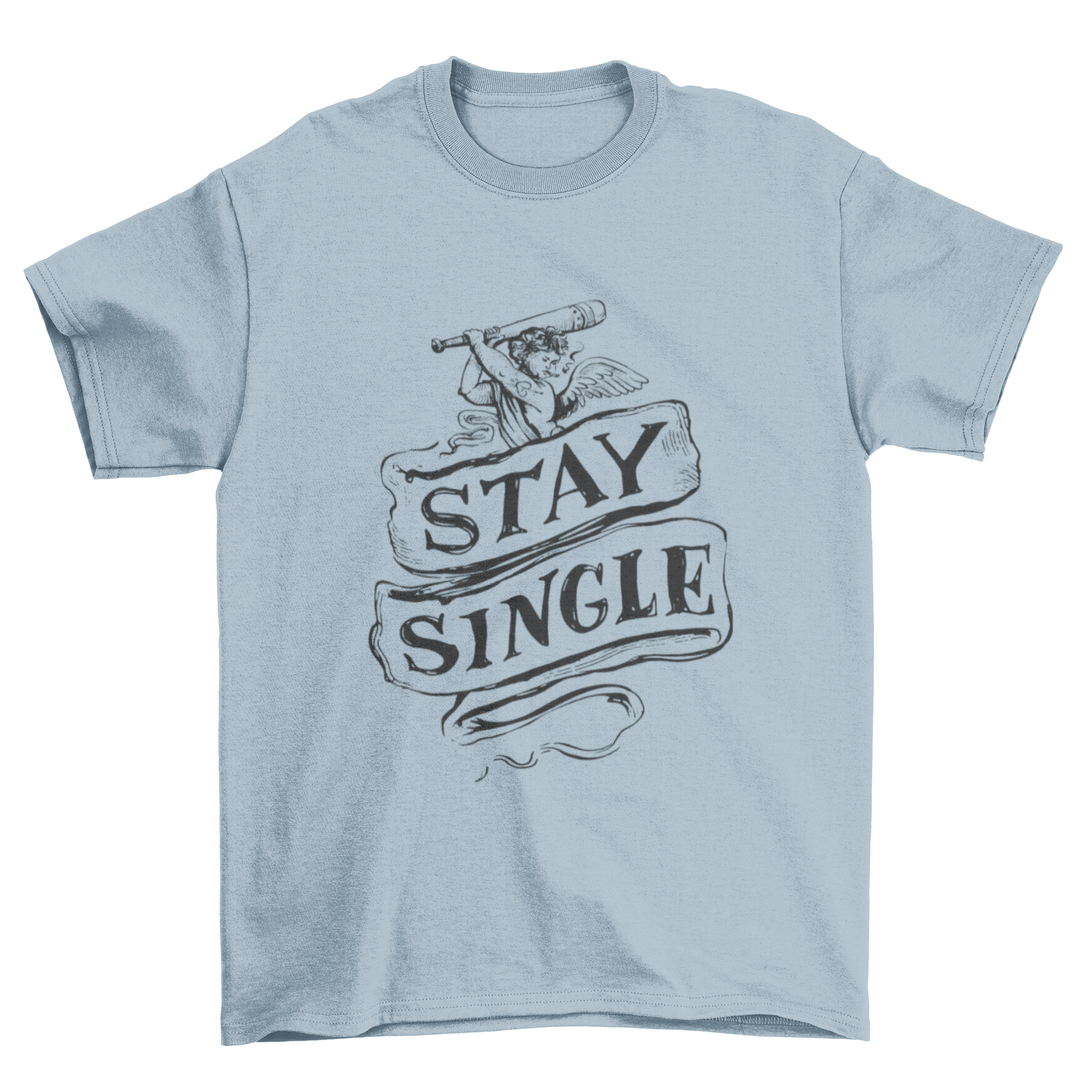 Stay Single Cupid T-shirt featuring a playful cupid playing baseball with the quote 'Stay Single'.