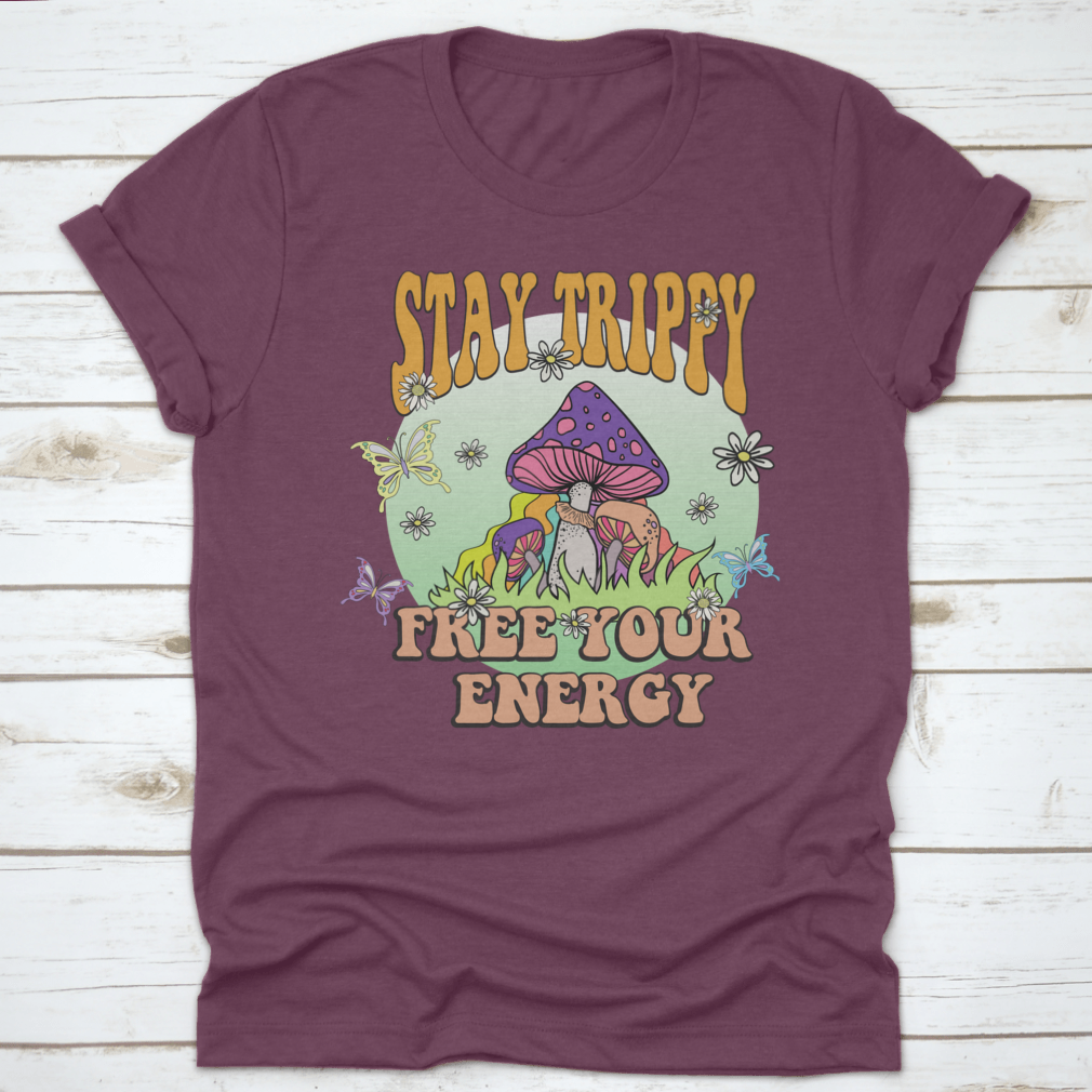 Stay Trippy Retro Slogan Print featuring colorful mushrooms and flowers on a soft cotton fabric.