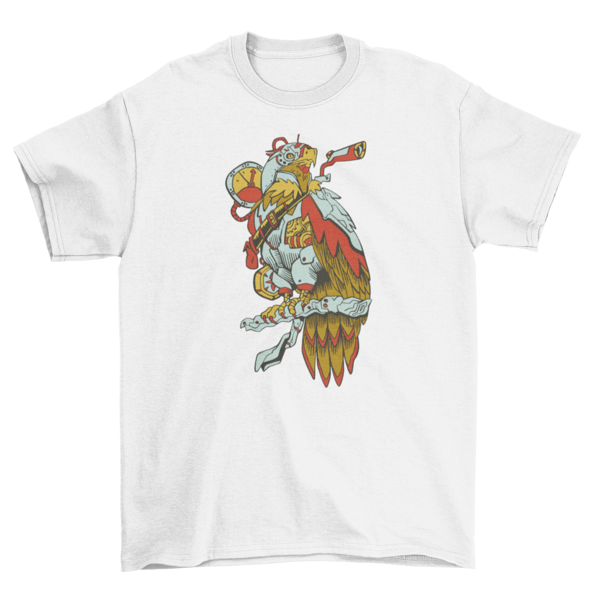 A stylish steampunk-themed t-shirt featuring a detailed mechanical bird design, perfect for casual wear.