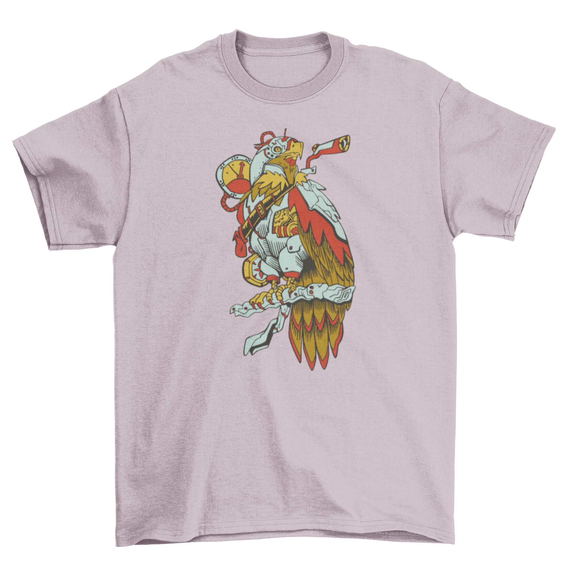 A stylish steampunk-themed t-shirt featuring a detailed mechanical bird design, perfect for casual wear.