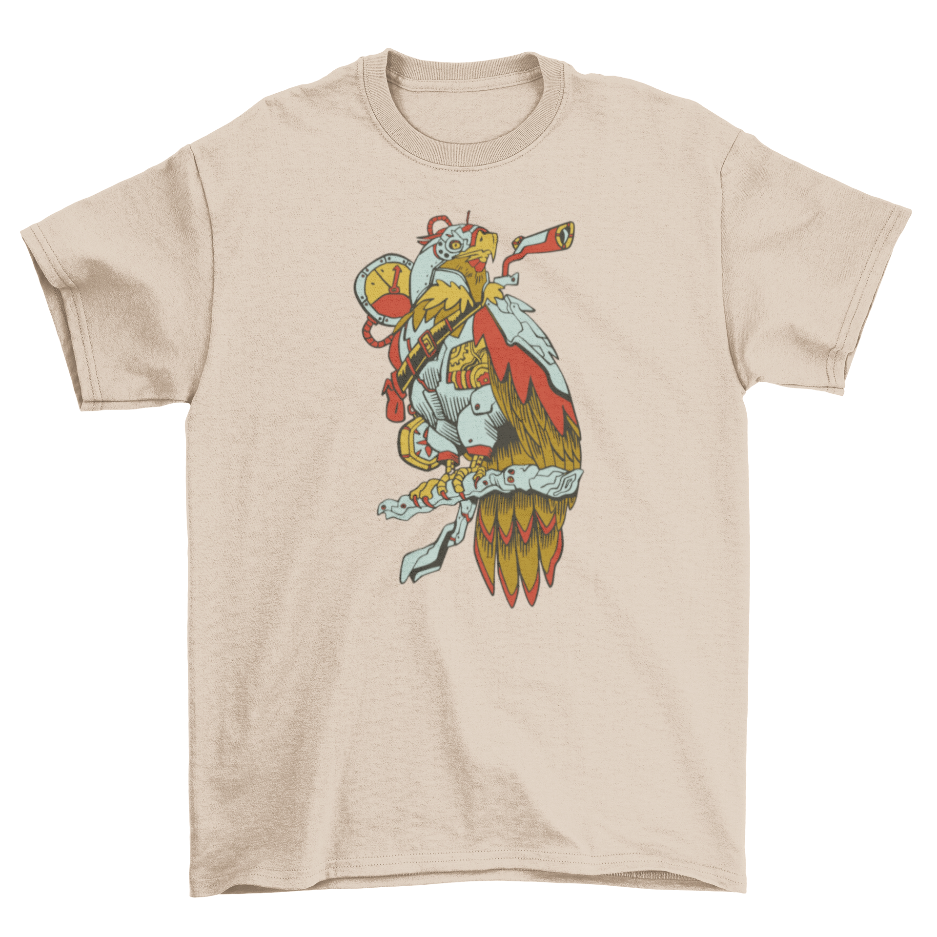 A stylish steampunk-themed t-shirt featuring a detailed mechanical bird design, perfect for casual wear.