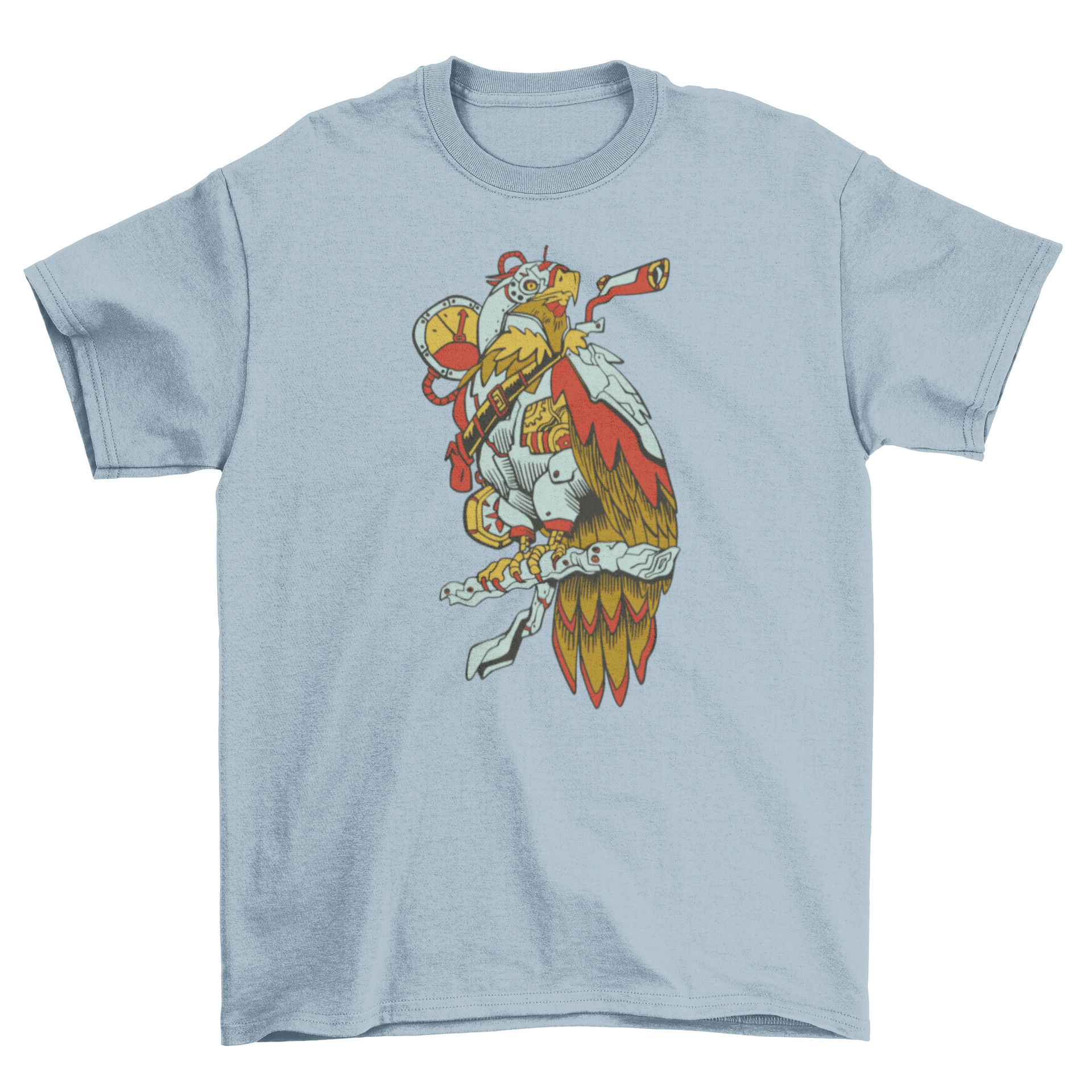 A stylish steampunk-themed t-shirt featuring a detailed mechanical bird design, perfect for casual wear.