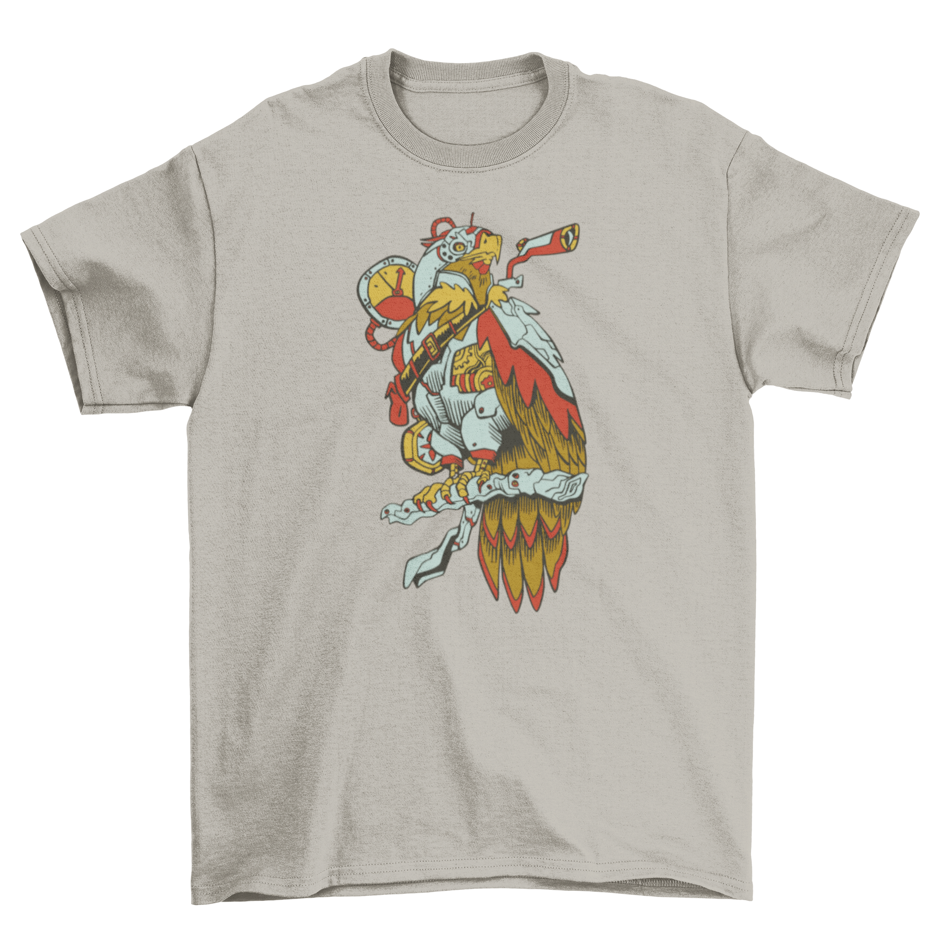 A stylish steampunk-themed t-shirt featuring a detailed mechanical bird design, perfect for casual wear.