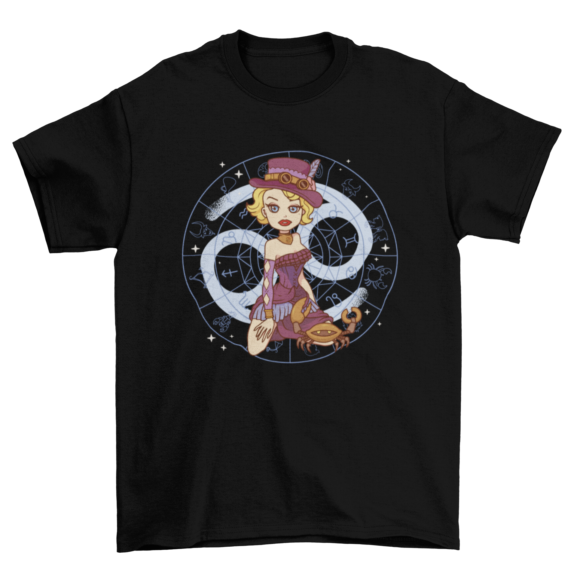 A stylish t-shirt featuring a steampunk pin-up girl representing the Cancer zodiac sign, showcasing intricate details and vibrant colors.