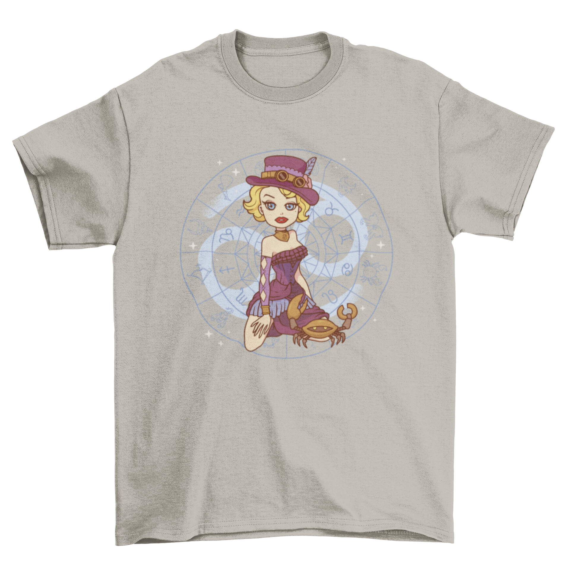 A stylish t-shirt featuring a steampunk pin-up girl representing the Cancer zodiac sign, showcasing intricate details and vibrant colors.