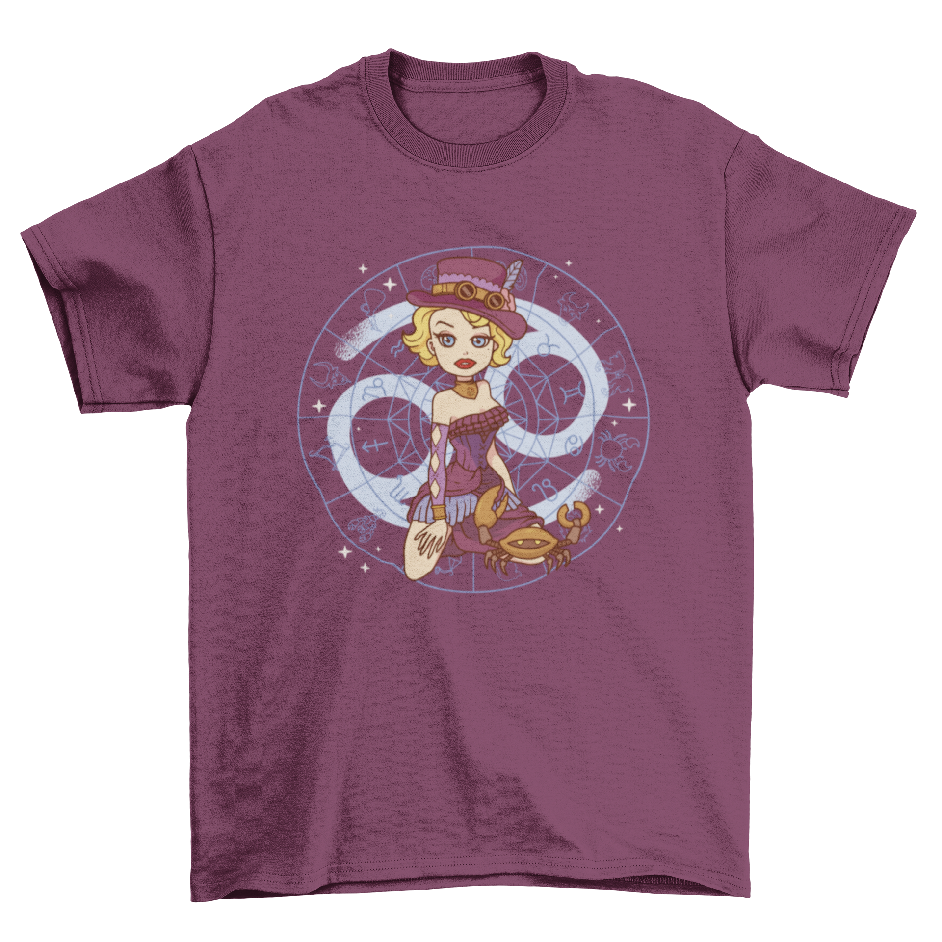 A stylish t-shirt featuring a steampunk pin-up girl representing the Cancer zodiac sign, showcasing intricate details and vibrant colors.