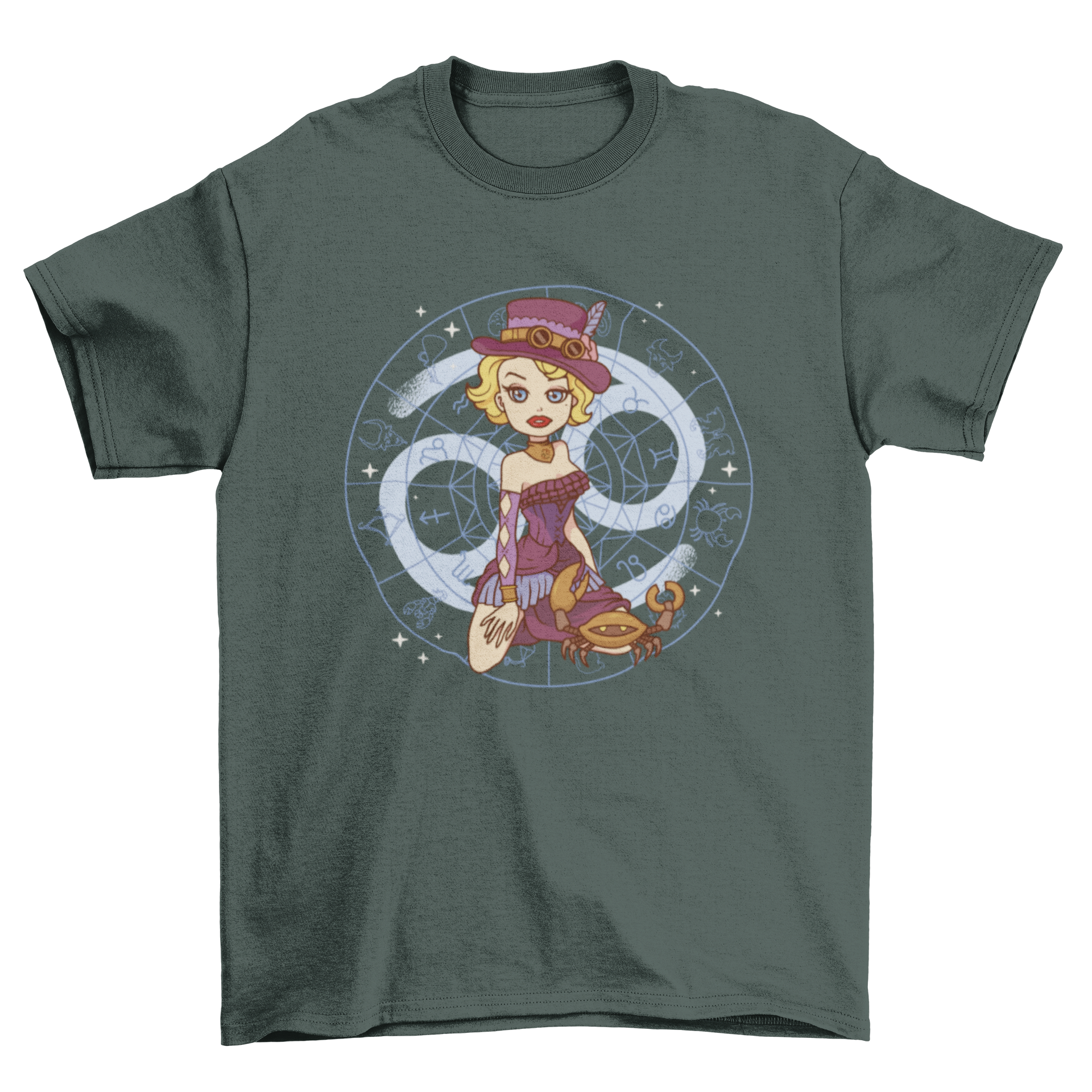 A stylish t-shirt featuring a steampunk pin-up girl representing the Cancer zodiac sign, showcasing intricate details and vibrant colors.