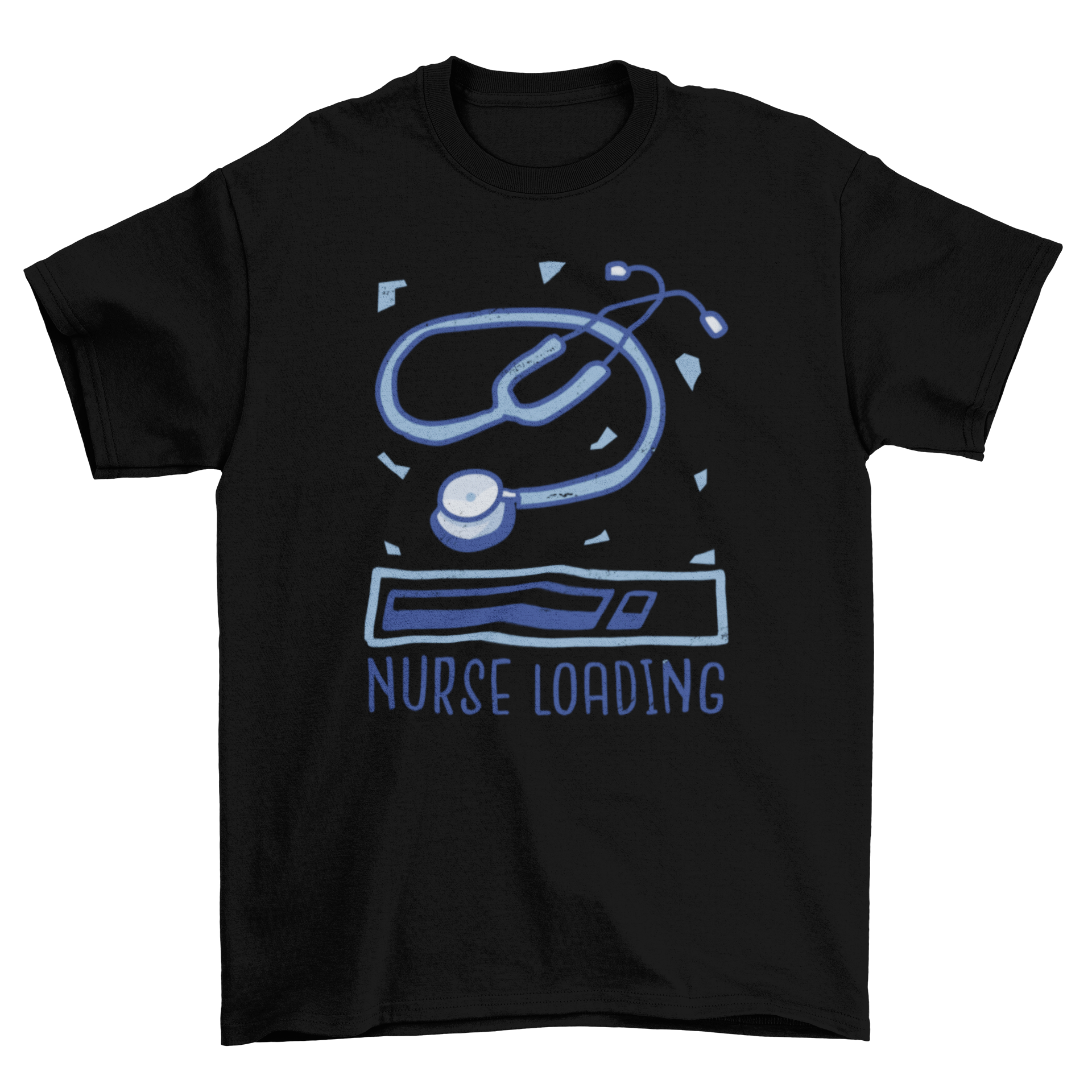 Stylish t-shirt featuring a stethoscope design and the quote 'Nurse loading', perfect for healthcare professionals.