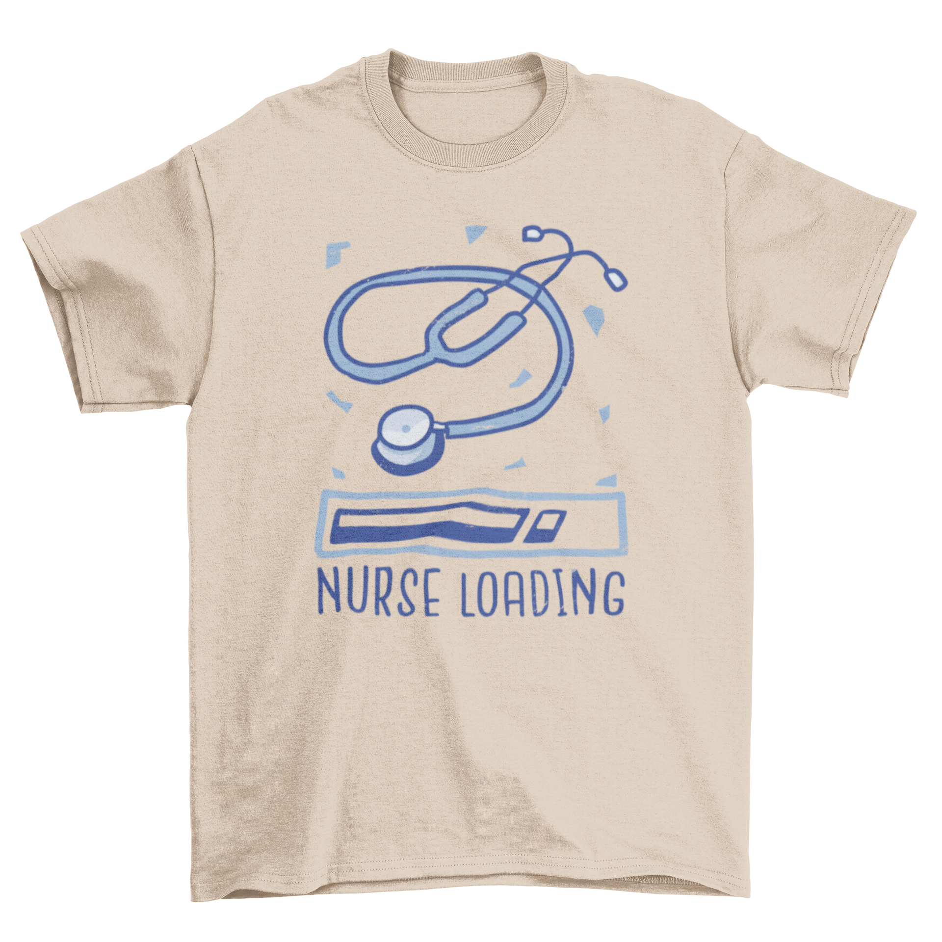 Stylish t-shirt featuring a stethoscope design and the quote 'Nurse loading', perfect for healthcare professionals.