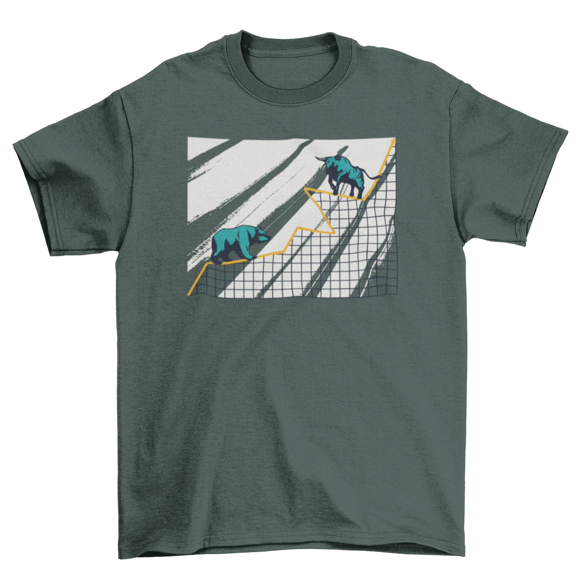 Stock market chart t-shirt featuring a bull and bear design on a stylish cotton fabric.