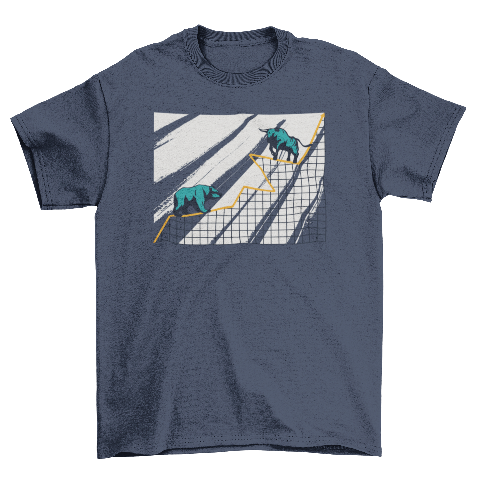Stock market chart t-shirt featuring a bull and bear design on a stylish cotton fabric.