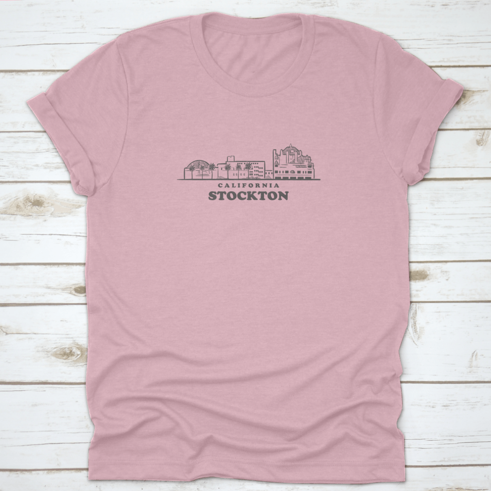 Stockton Skyline California Drawn Sketch Shirt showcasing a unique skyline design on a comfortable cotton fabric.