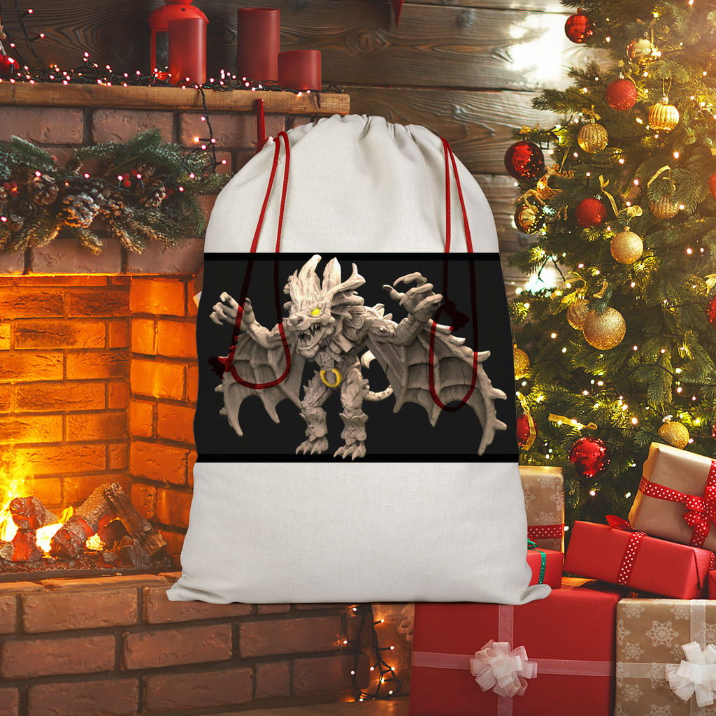 Stone Rock Creature Sublimation Linen Drawstring Sack with red drawstring, featuring eco-friendly printed design, ideal for Christmas gifts and laundry.