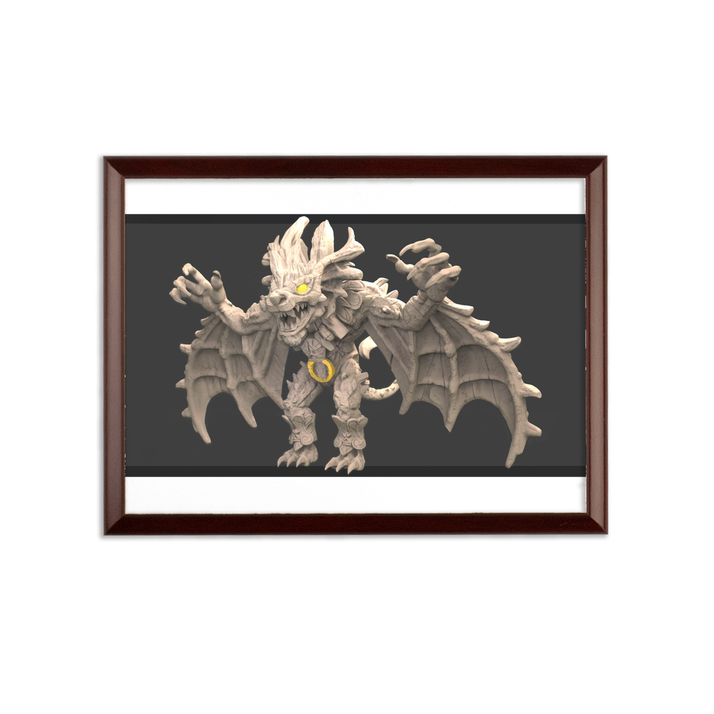Stone Rock Creature Sublimation Wall Plaque with ogee shaped edge and white printable surface in a brown wooden frame.
