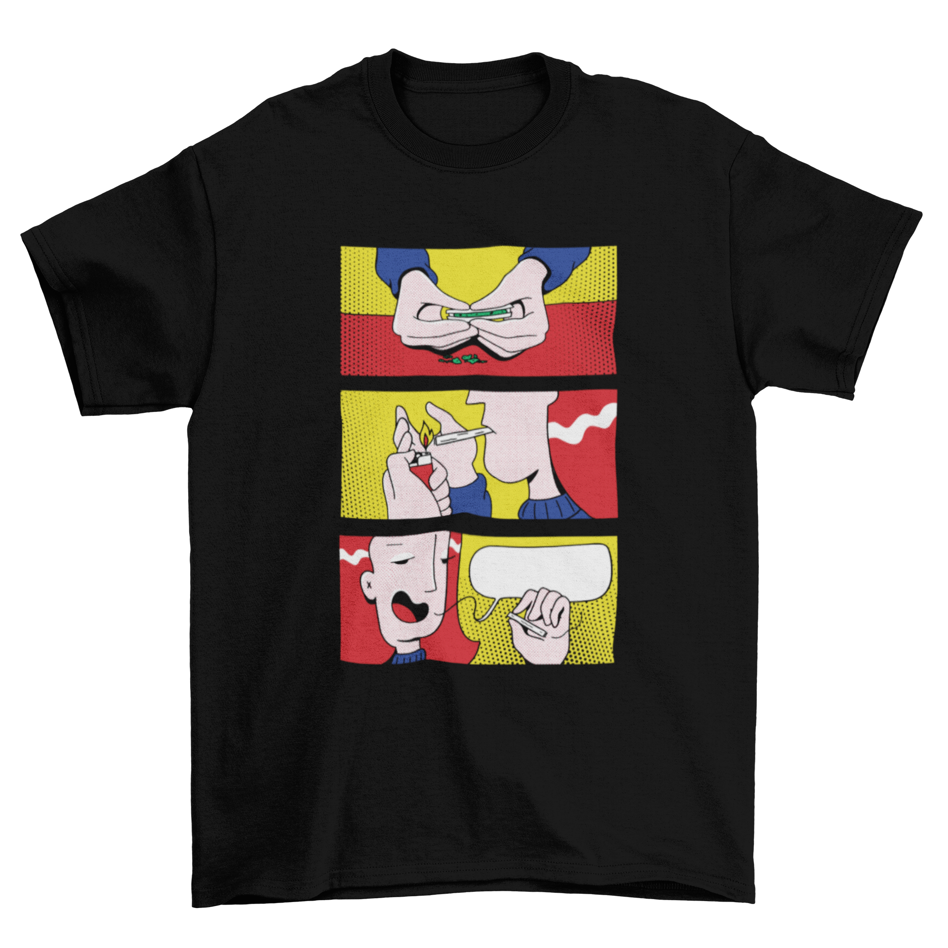 A vibrant t-shirt design featuring a comic strip of a stoner rolling and lighting a marijuana cigarette, showcasing a fun and laid-back vibe.
